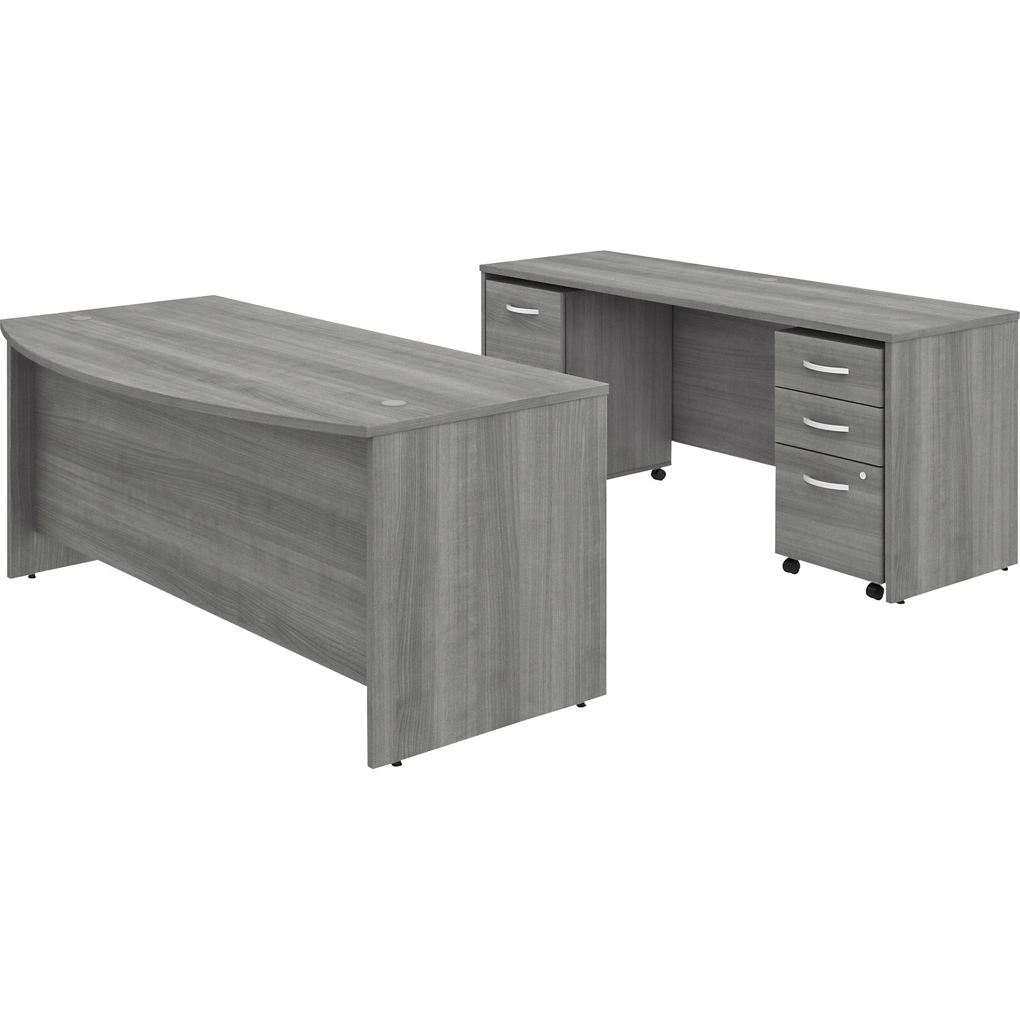 Bush Business Furniture Studio C 72W x 36D Bow Front Desk, 72W x 24D Credenza, 2-Drawer and 3-Drawer Mobile File Cabinets, Platinum Gray, 5 Drawers, 1 Set