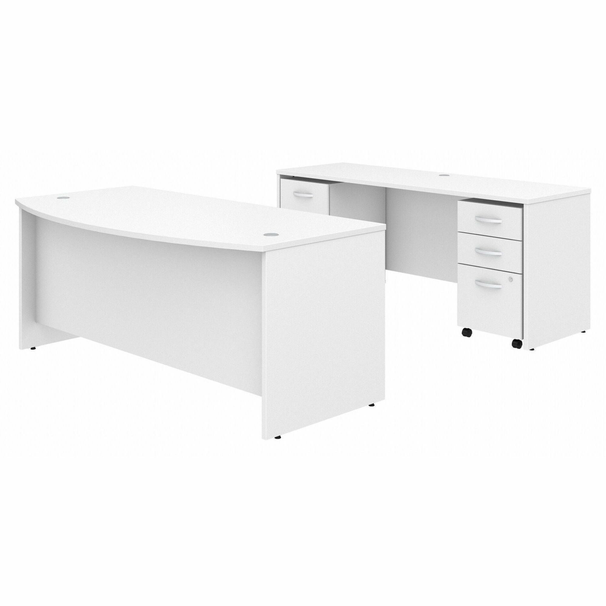 Bush Business Furniture Studio C 72W x 36D Bow Front Desk, 72W x 24D Credenza, 2-Drawer and 3-Drawer Mobile File Cabinets, White, 5 Drawers, 1 Set