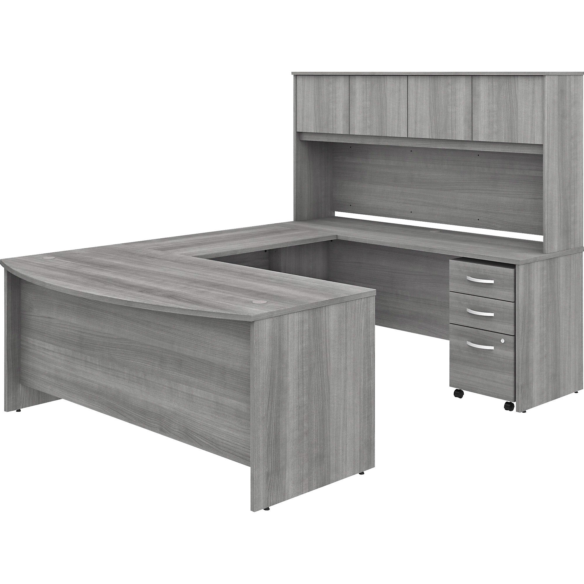 Bush Business Furniture Studio C U-Shaped Desk, Hutch, 3-Drawer Mobile File Cabinet, Platinum Gray, Thermofused Laminate, 72"W x 36"D Front Desk, 72"W x 24"D Credenza, 42"D Return, 72"W Hutch, 4 Doors, 1 Set