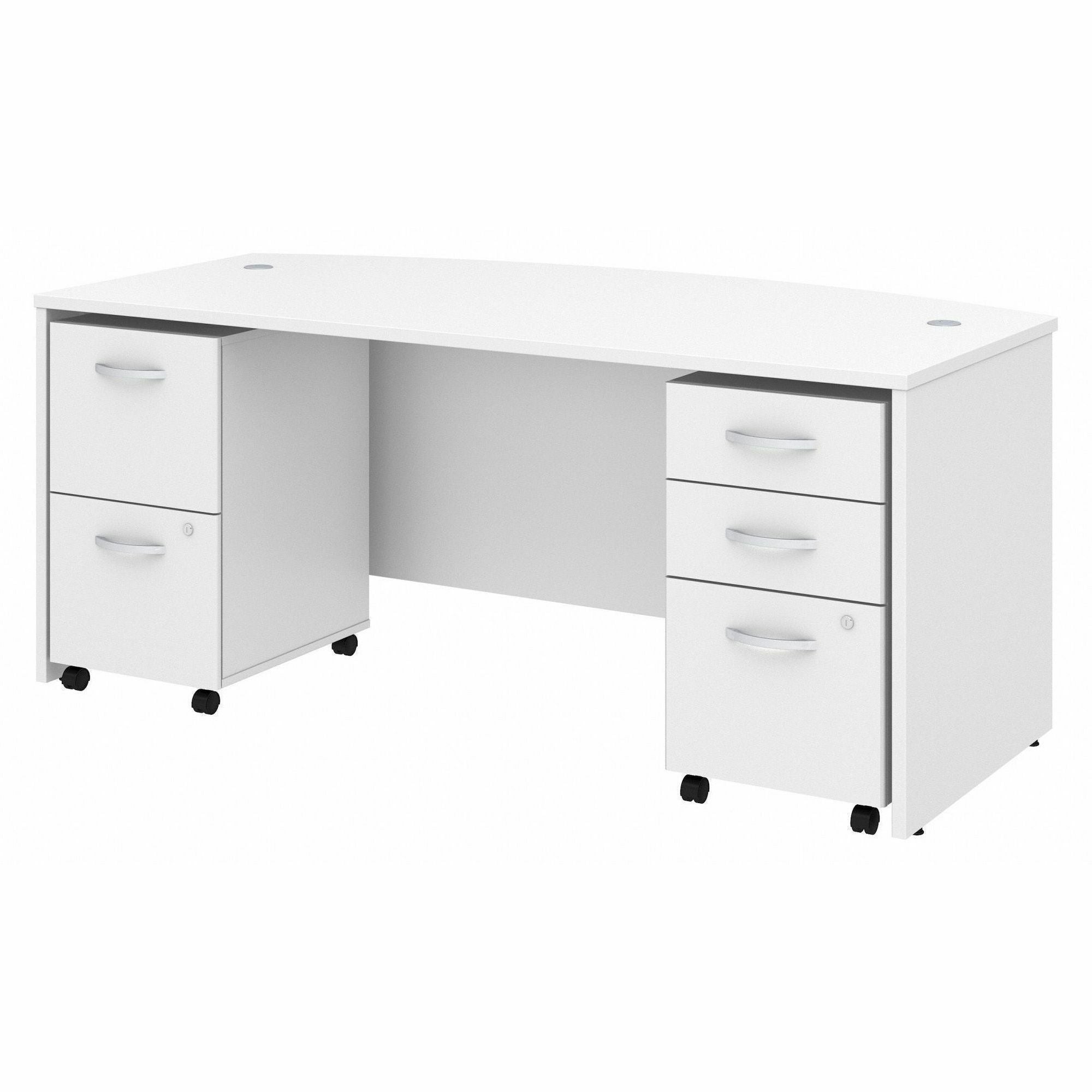 Bush Business Furniture Studio C 72W x 36D Bow Front Desk with 3-Drawer and 2-Drawer Mobile File Cabinets, White, 5 Drawers, 1 Set