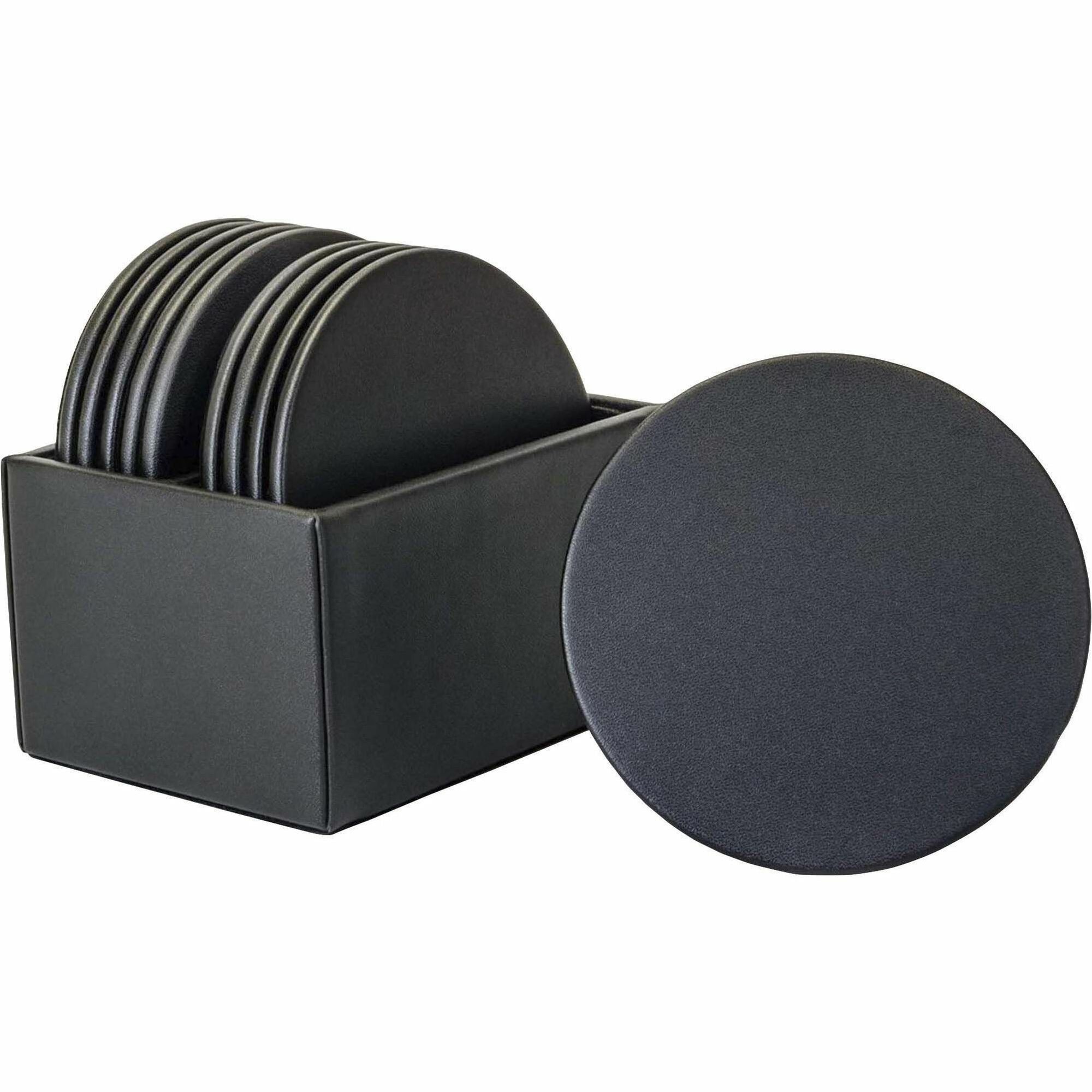 Dacasso Black Top Grain Leather Round Coaster Set with Holder, Includes 10 Coasters