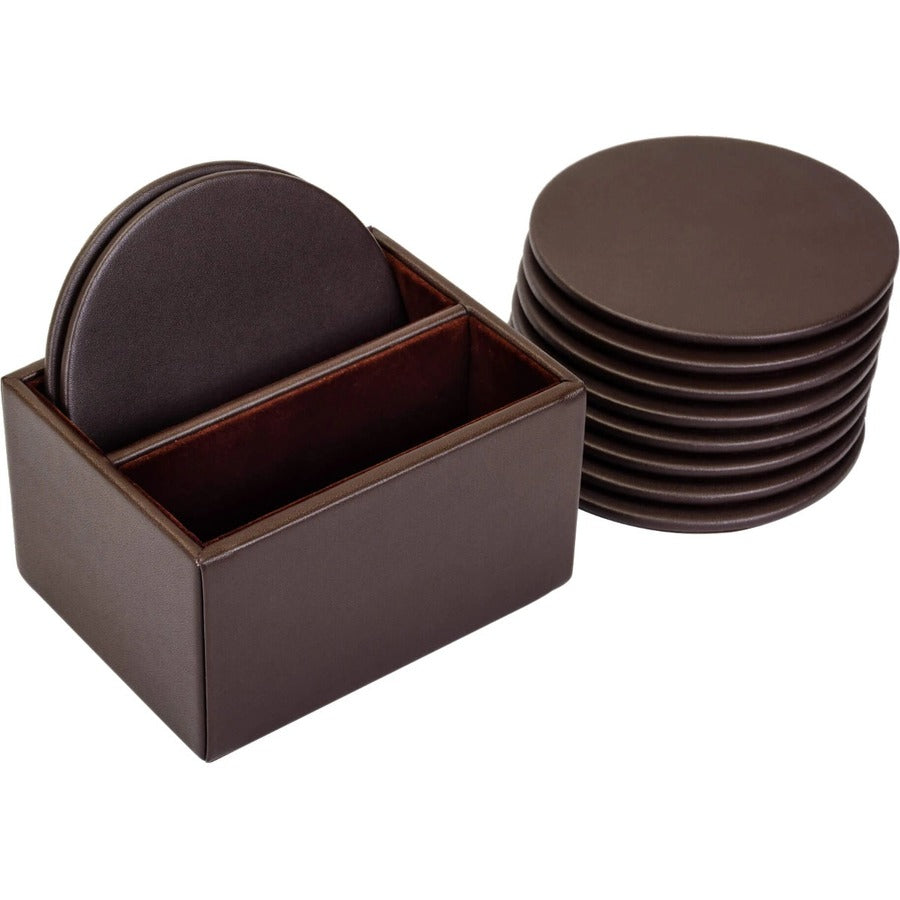 Dacasso Leather Round Coaster Set, Chocolate Brown, Top Grain Leather, Includes 10 Round Coasters with Holder, 1 Set