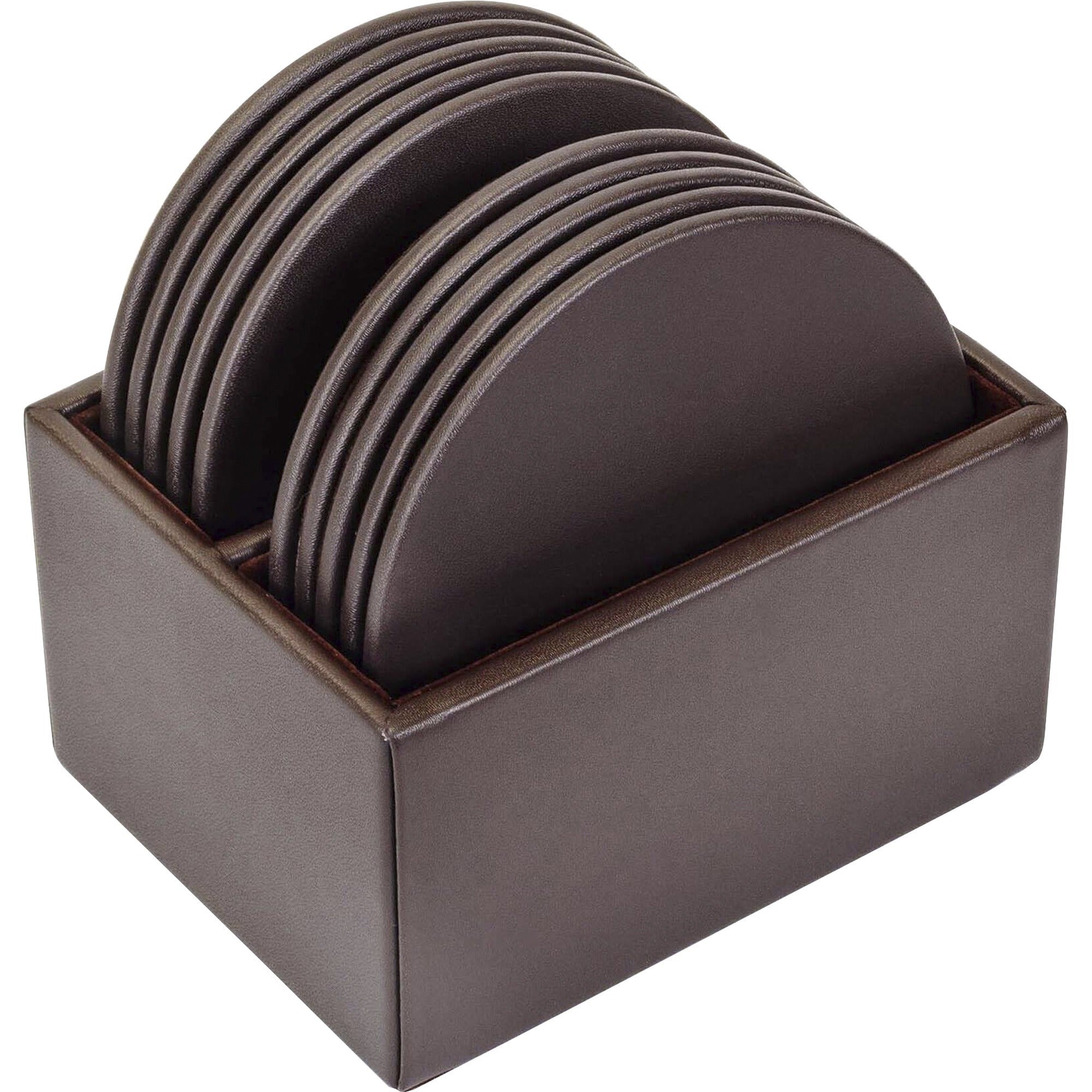 Dacasso Leather Round Coaster Set, Chocolate Brown, Top Grain Leather, Includes 10 Round Coasters with Holder, 1 Set