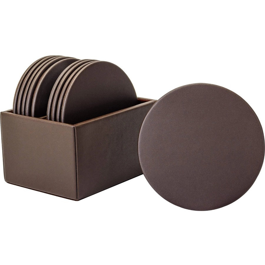 Dacasso Leather Round Coaster Set, Chocolate Brown, Top Grain Leather, Includes 10 Round Coasters with Holder, 1 Set