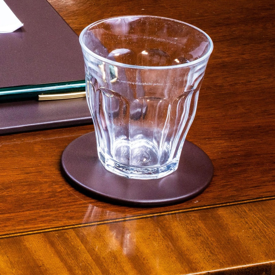 Dacasso Leather Round Coaster Set, Chocolate Brown, Top Grain Leather, Includes 10 Round Coasters with Holder, 1 Set