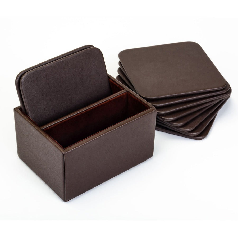 Dacasso Leatherette Square Coaster Set, Chocolate Brown, Includes 10 Square Coasters with Holder, 1 Each
