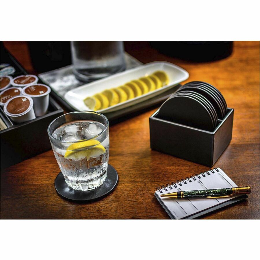Dacasso Leatherette Round Coaster Set with Holder, Black, Includes 10 Round Coasters, 1 Set