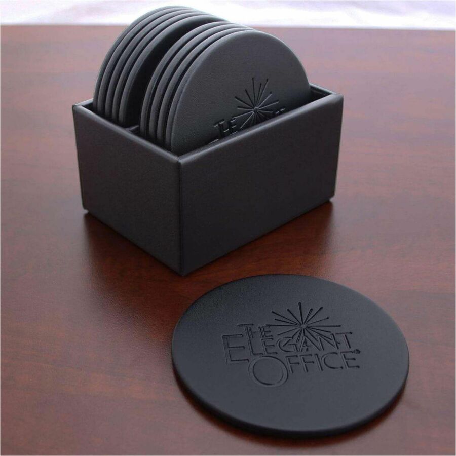 Dacasso Leatherette Round Coaster Set with Holder, Black, Includes 10 Round Coasters, 1 Set