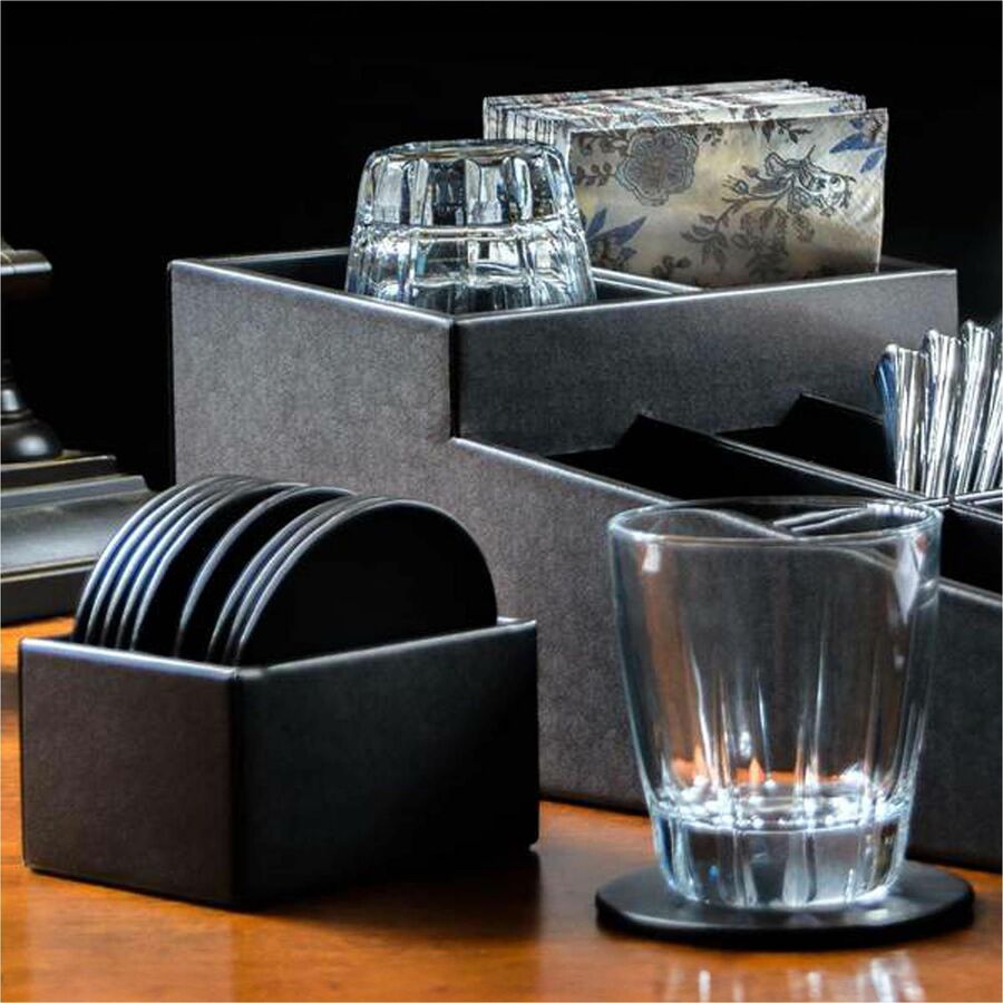 Dacasso Leatherette Round Coaster Set with Holder, Black, Includes 10 Round Coasters, 1 Set