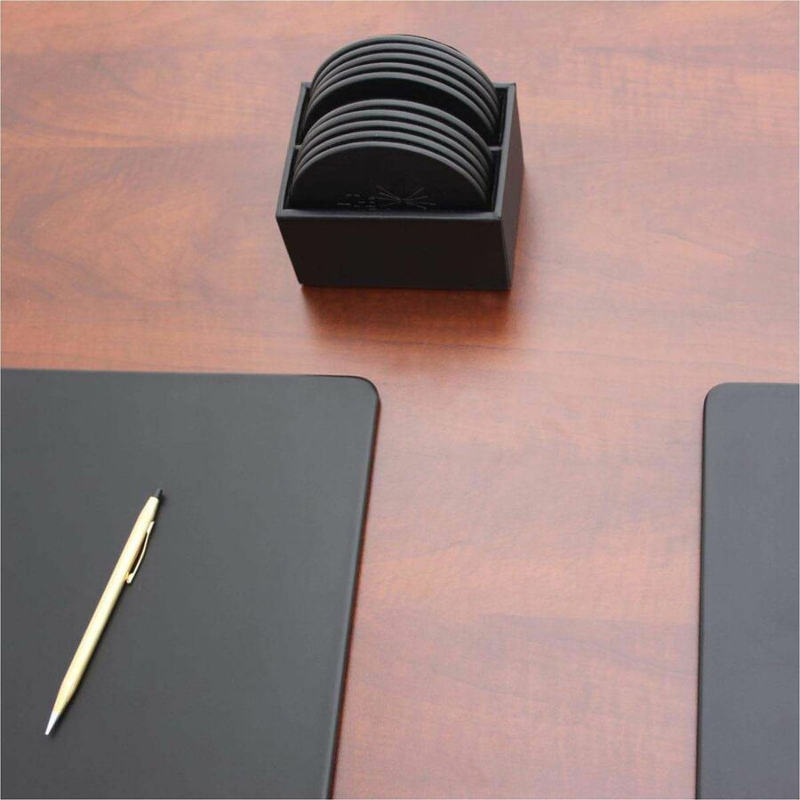 Dacasso Leatherette Round Coaster Set with Holder, Black, Includes 10 Round Coasters, 1 Set