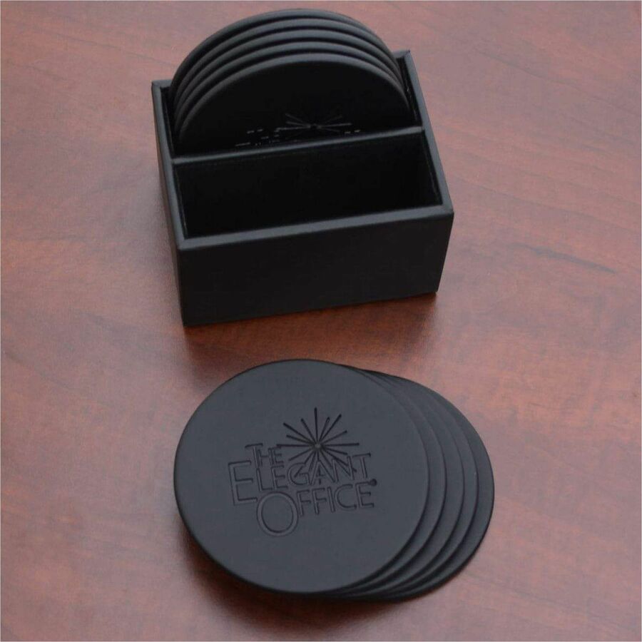 Dacasso Leatherette Round Coaster Set with Holder, Black, Includes 10 Round Coasters, 1 Set