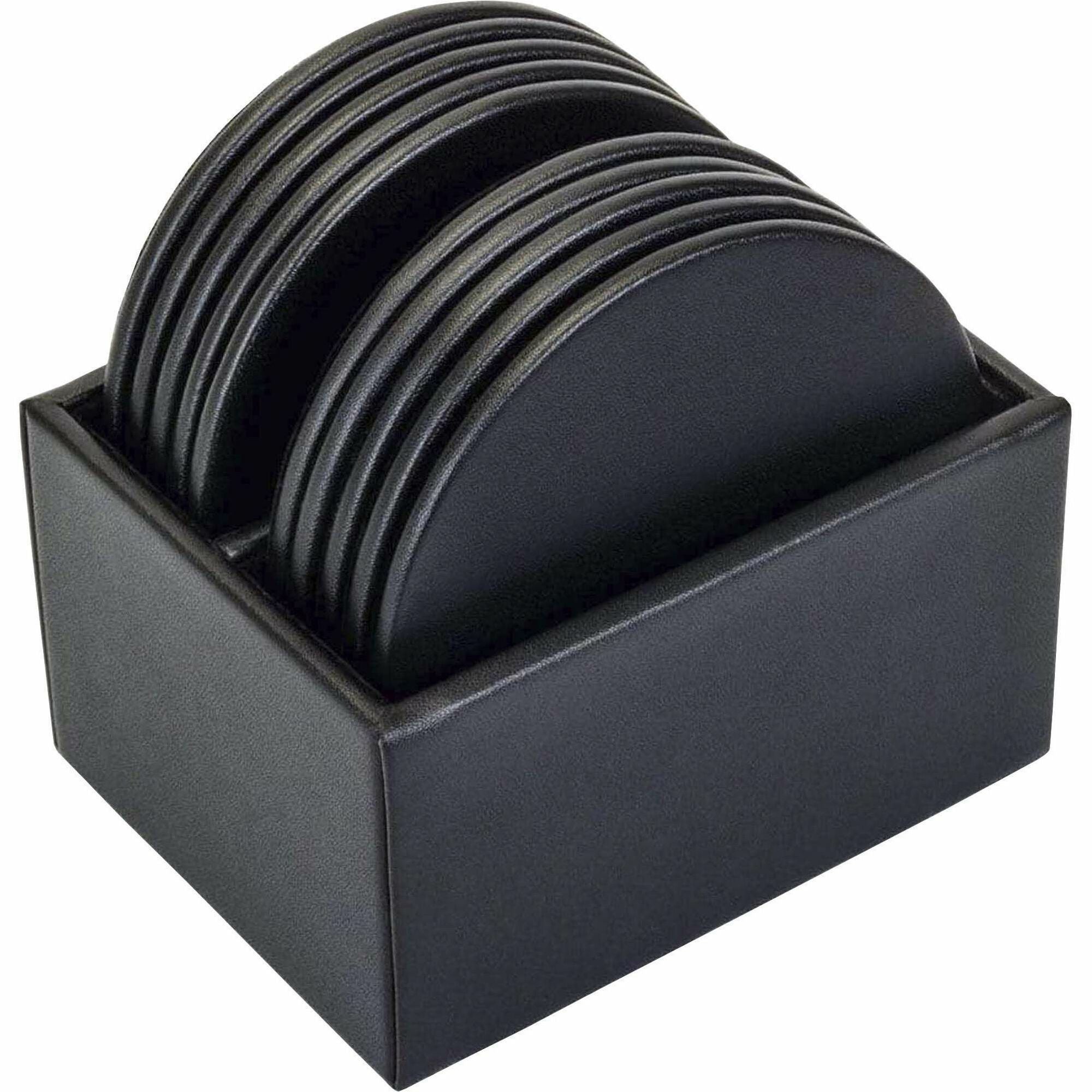 Dacasso Leatherette Round Coaster Set with Holder, Black, Includes 10 Round Coasters, 1 Set