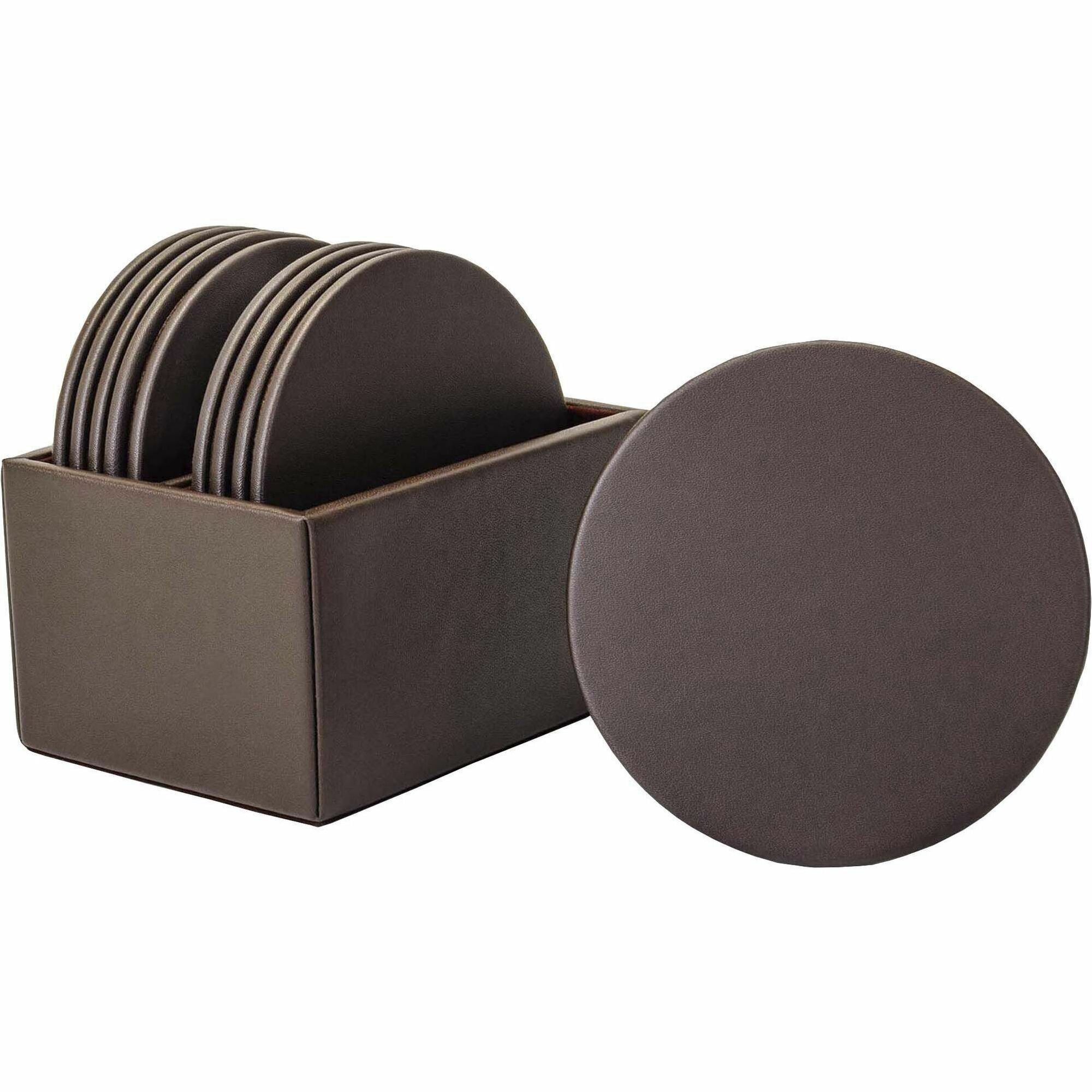 Dacasso Leatherette Round Coaster Set with Holder, Chocolate Brown, Includes 10 Coasters, 1 Each
