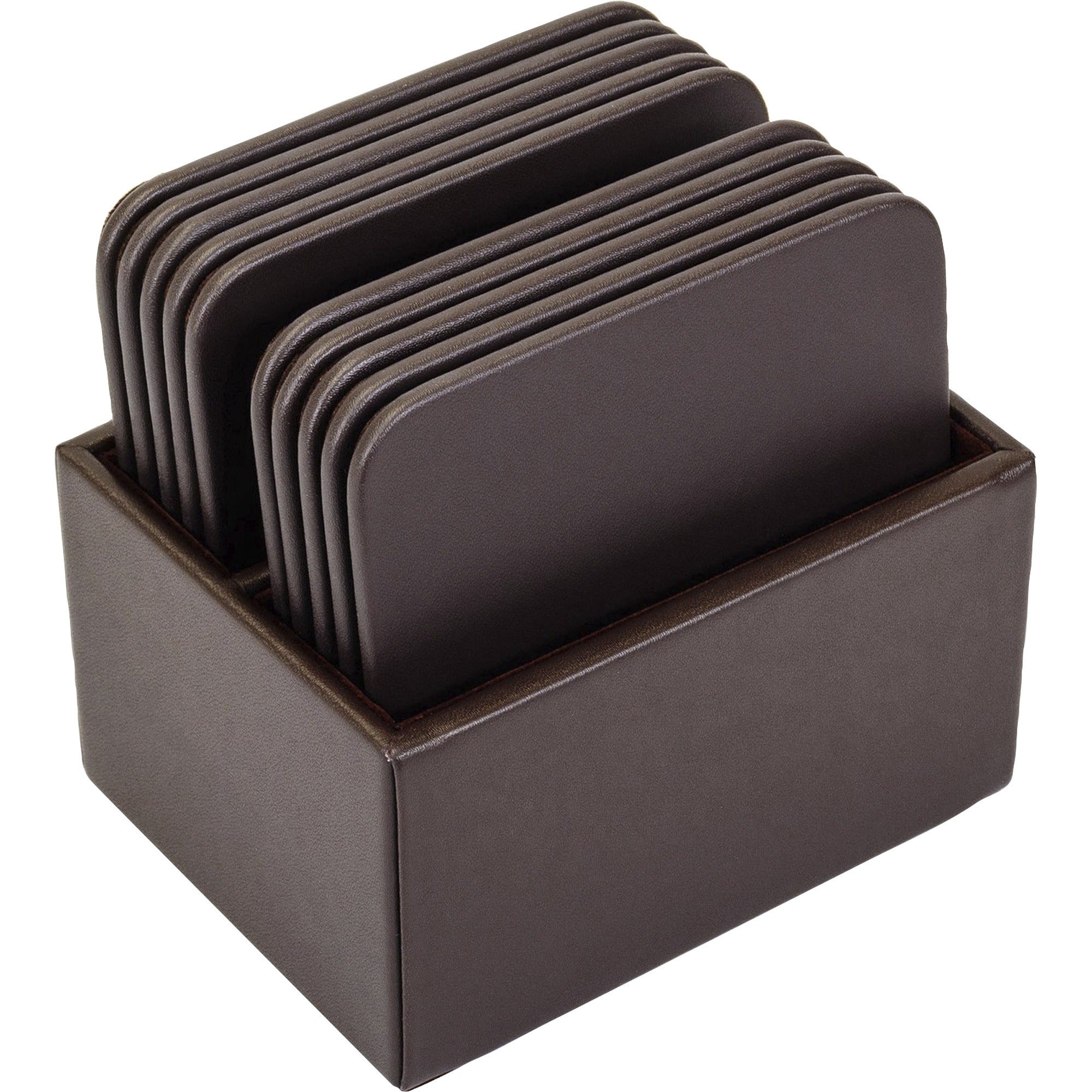 Dacasso Chocolate Brown Top Grain Leather Square Coaster Set with Holder, 10 Coasters
