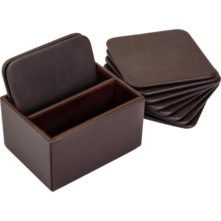 Dacasso Chocolate Brown Top Grain Leather Square Coaster Set with Holder, 10 Coasters
