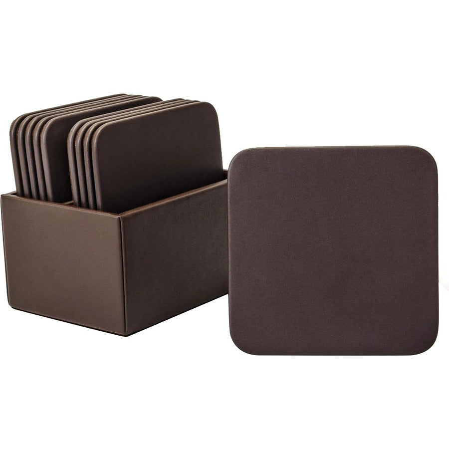 Dacasso Chocolate Brown Top Grain Leather Square Coaster Set with Holder, 10 Coasters
