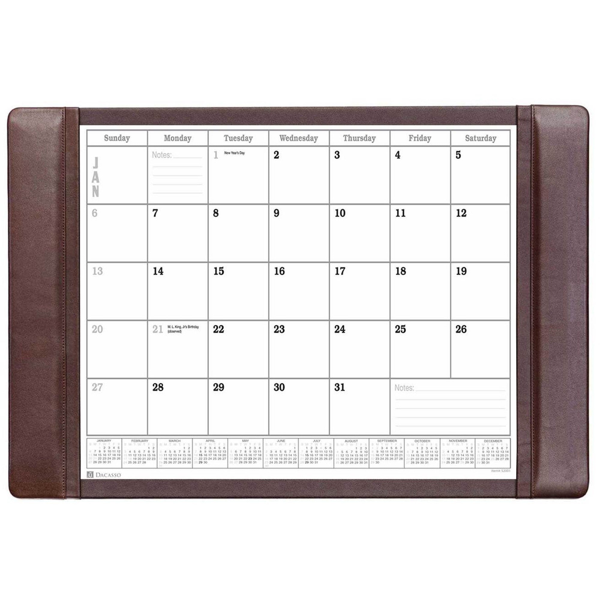 Dacasso Leather Conference Table Pad, Rectangular, Chocolate Brown, Top Grain Leather with Velveteen Lining, Includes 12 Monthly Sheets, 1 Each