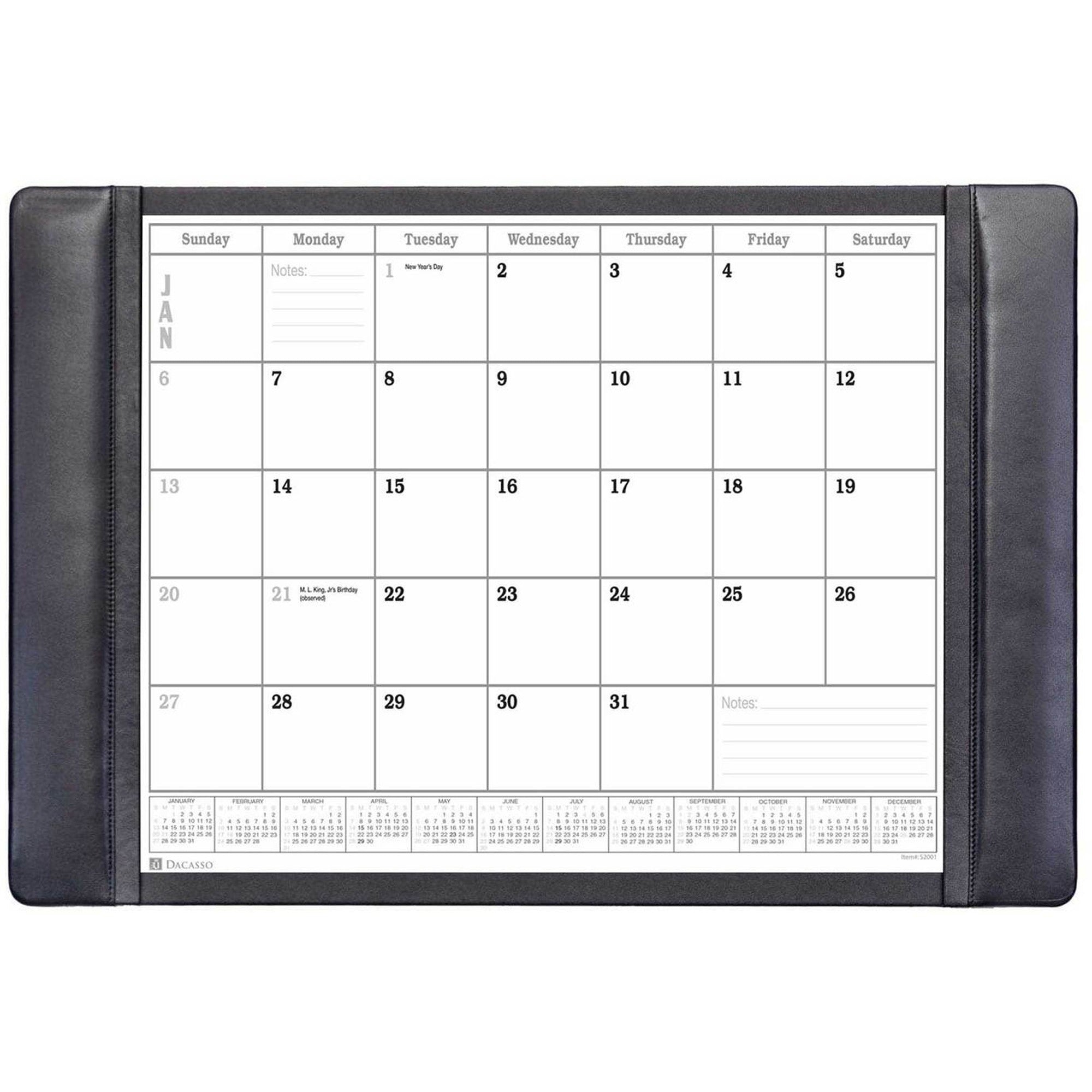 Dacasso Leather Calendar Desk Pad, Rectangular, Black, Top Grain Leather, Leatherette, Velveteen, Includes 12 Sheets, Pack of 1