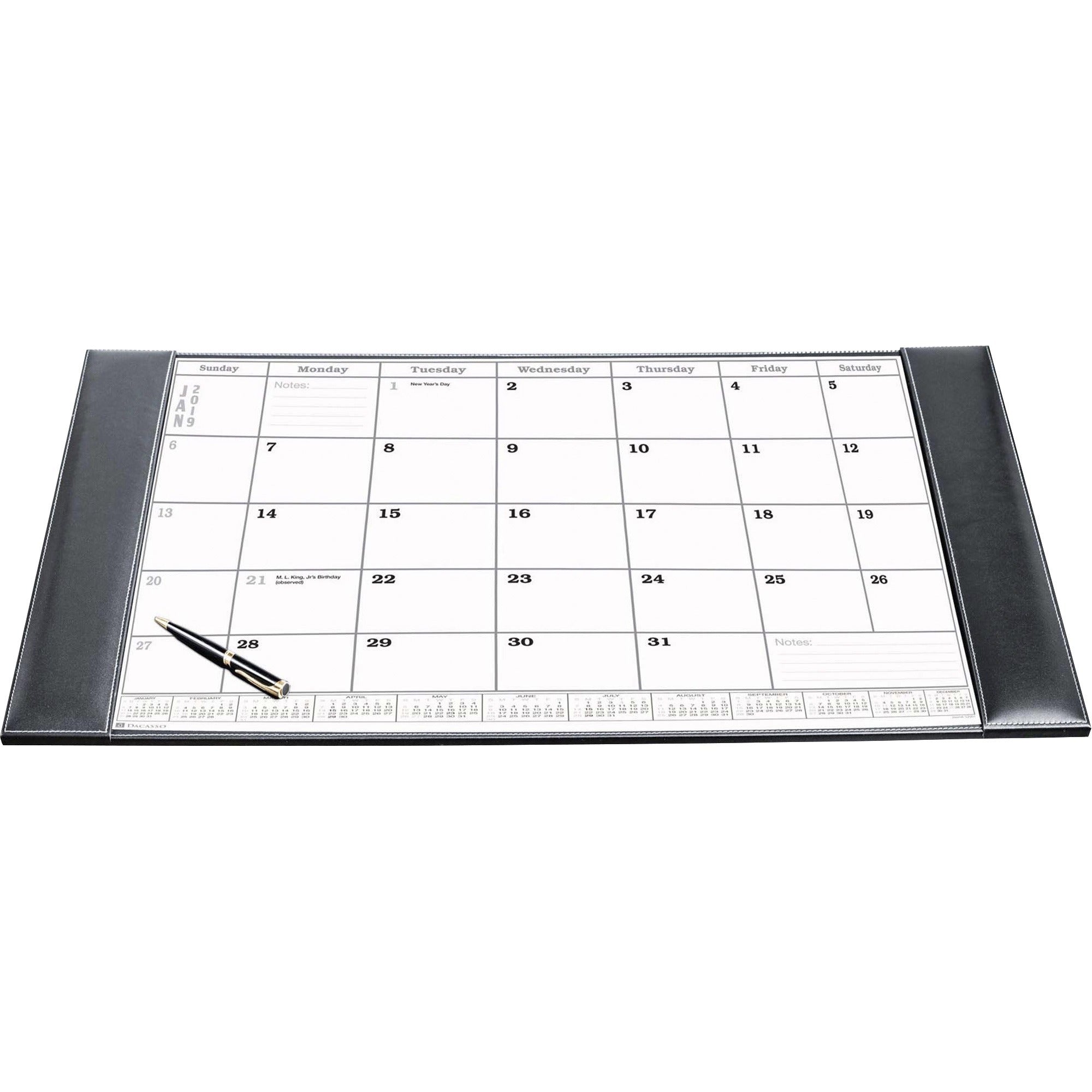 Dacasso Rustic Black Top Grain Leather Calendar Desk Pad, Rectangular, Includes 12 Monthly Sheets, Velveteen Lining, 1 Each