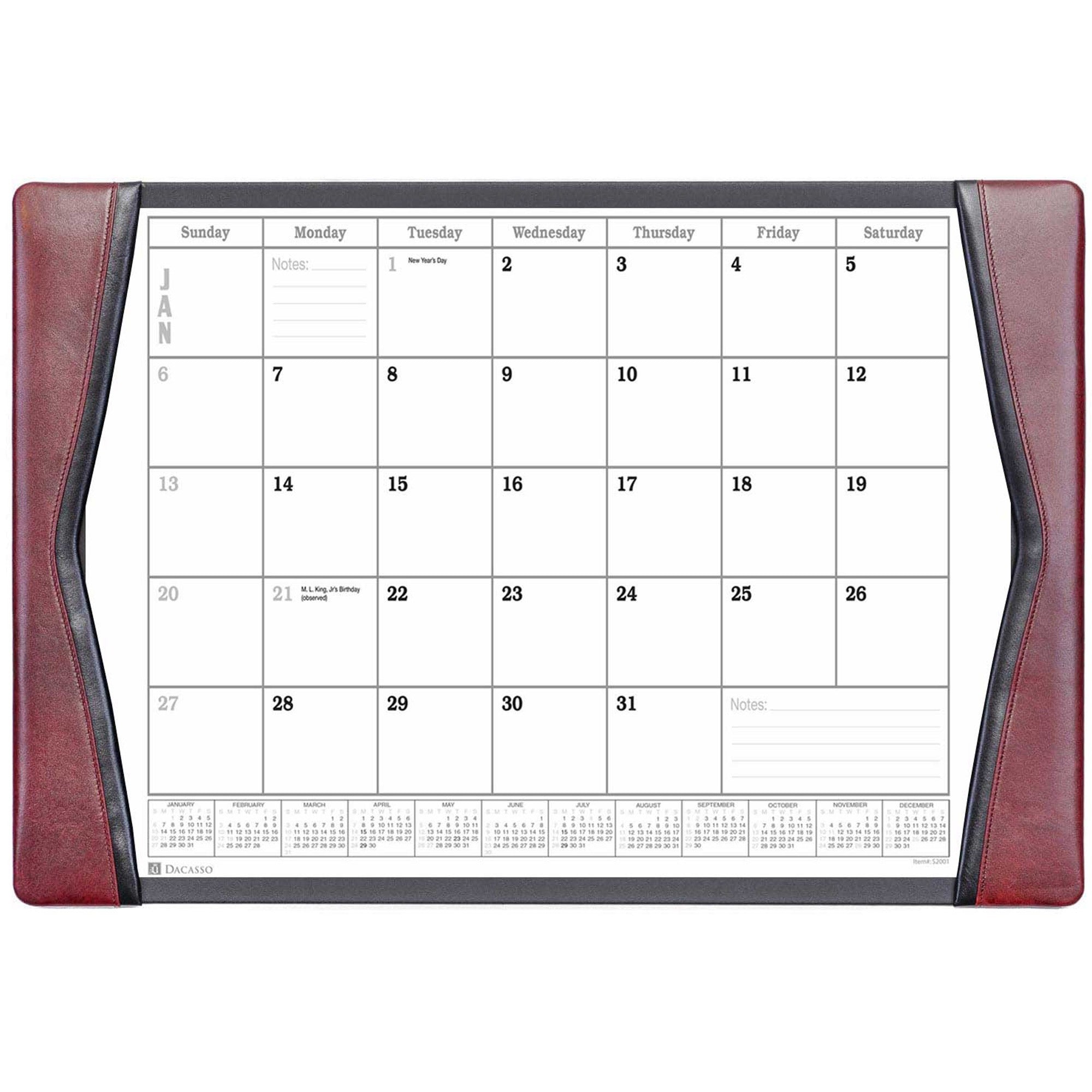 Dacasso Leather Calendar Desk Pad, Rectangular, Burgundy, Top Grain Leather & Velveteen, Includes 12 Monthly Sheets, 1 Each