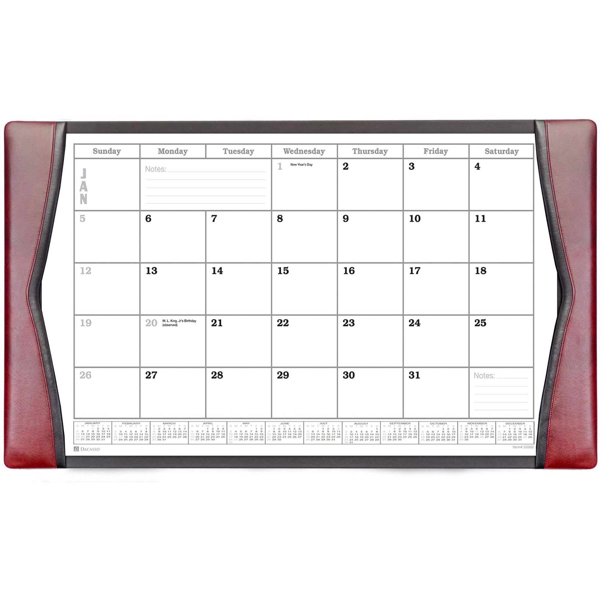 Dacasso Leather Calendar Desk Pad, Rectangular, Burgundy, Top Grain Leather, Velveteen, Includes 12 Monthly Sheets, 1 Each