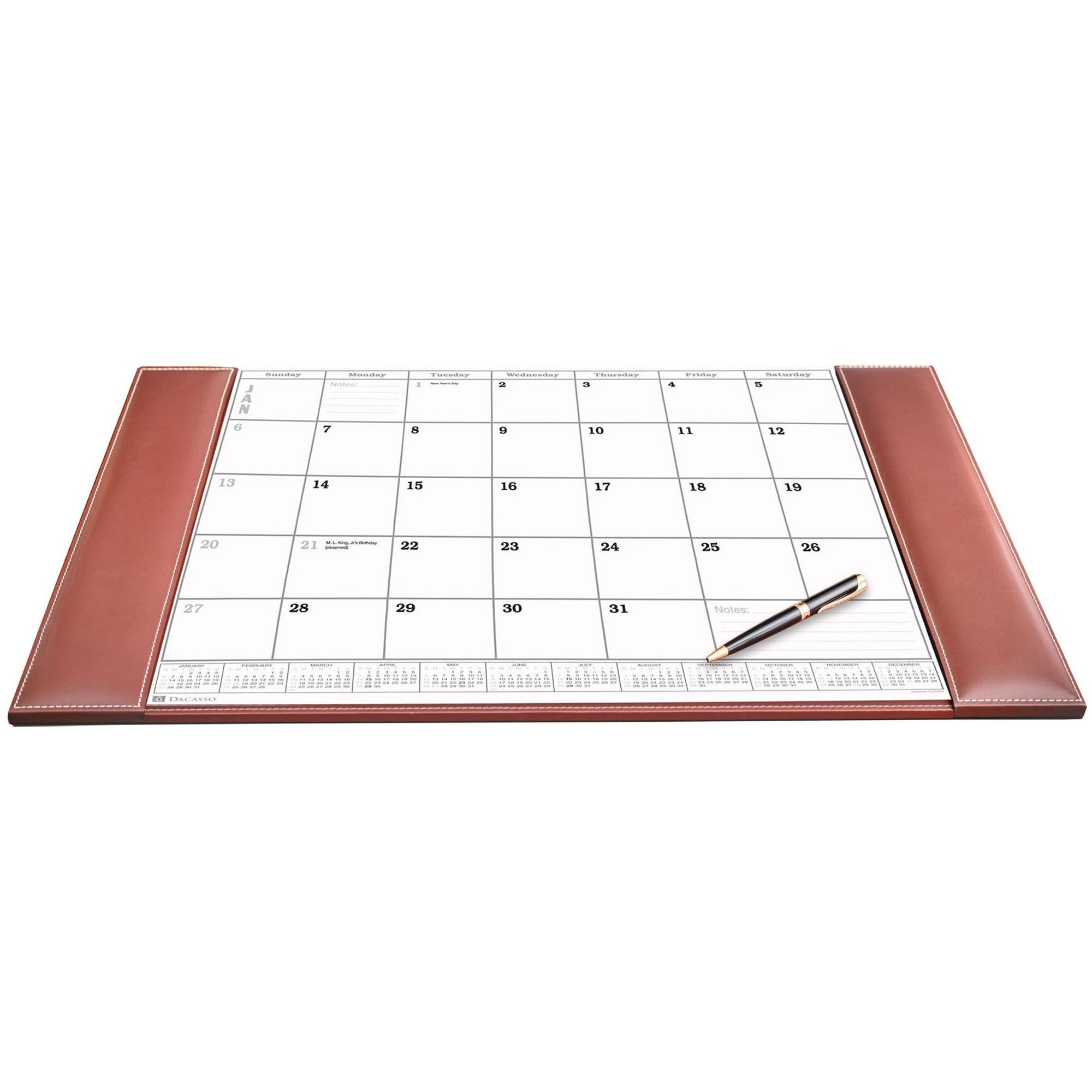 Dacasso Rustic Leather Calendar Desk Pad, Rectangular, 12 Sheets, Top Grain Leather, Velveteen, Rustic Brown, 1 Each