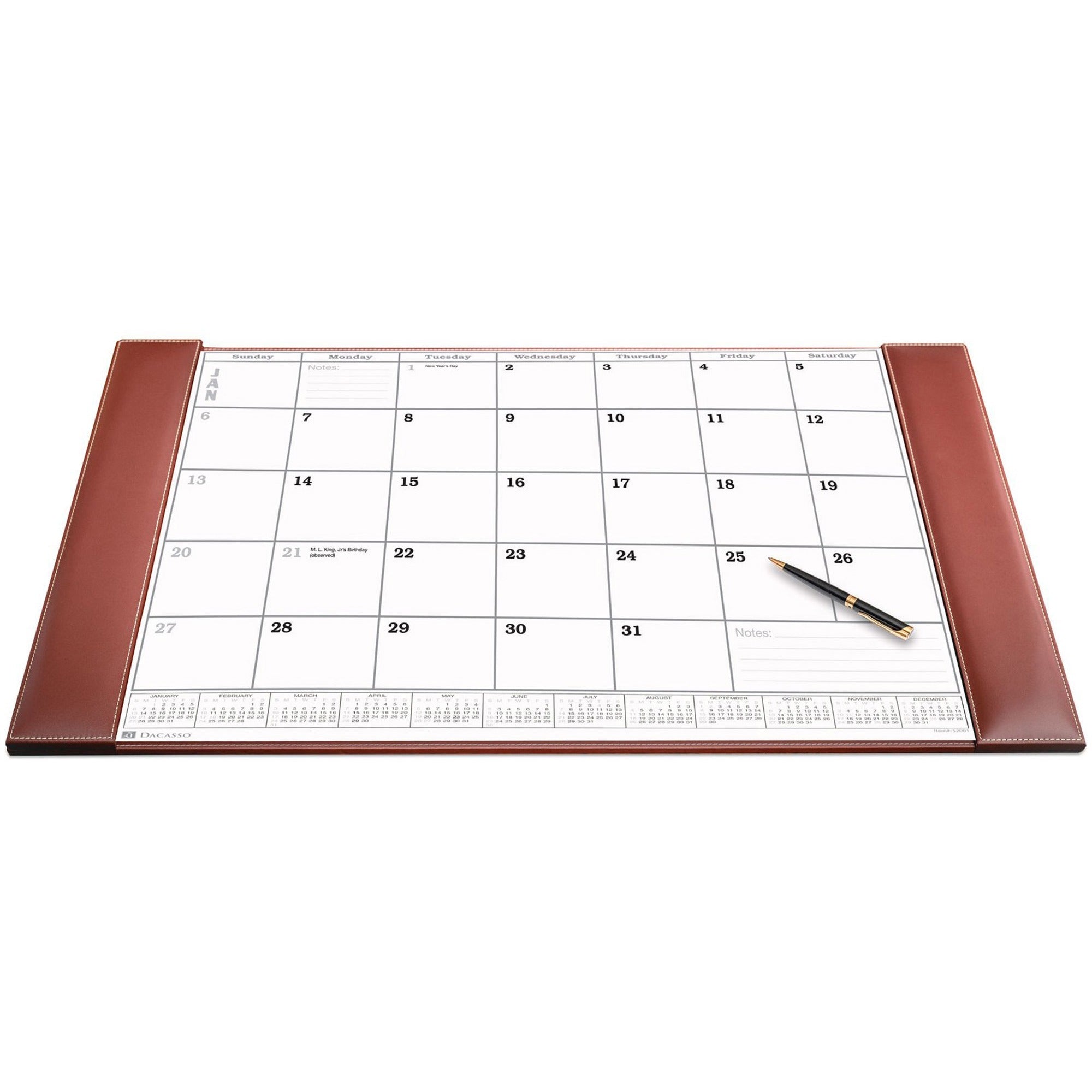 Dacasso Rustic Brown Leather Calendar Desk Pad, Rectangular, 12 Sheets, Top Grain Leather, Velveteen, 1 Each