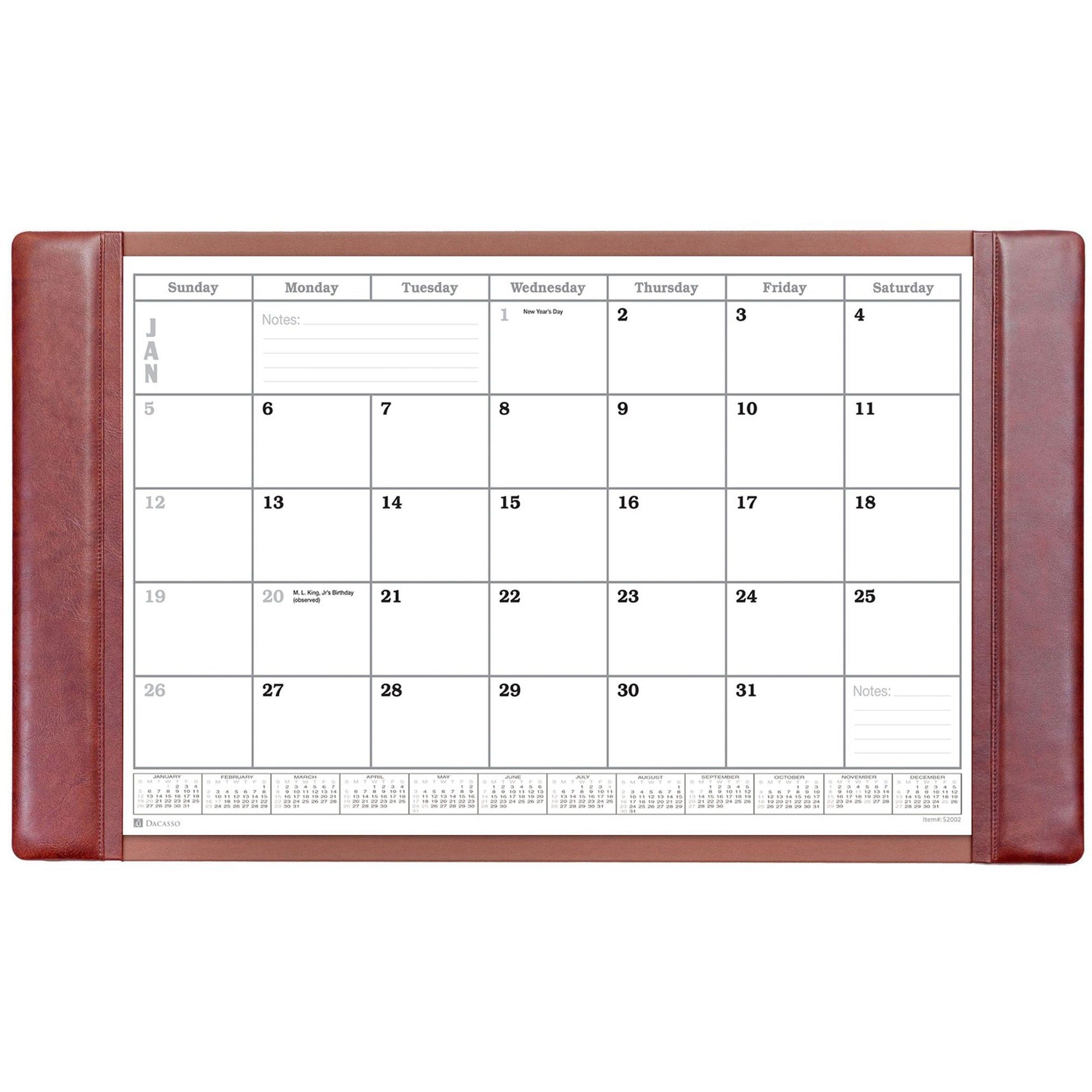 Dacasso Leather Calendar Desk Pad, Rectangular, 34" Wide, Mocha, Top Grain Leather, Velveteen, Includes 12 Monthly Sheets, 1 Each