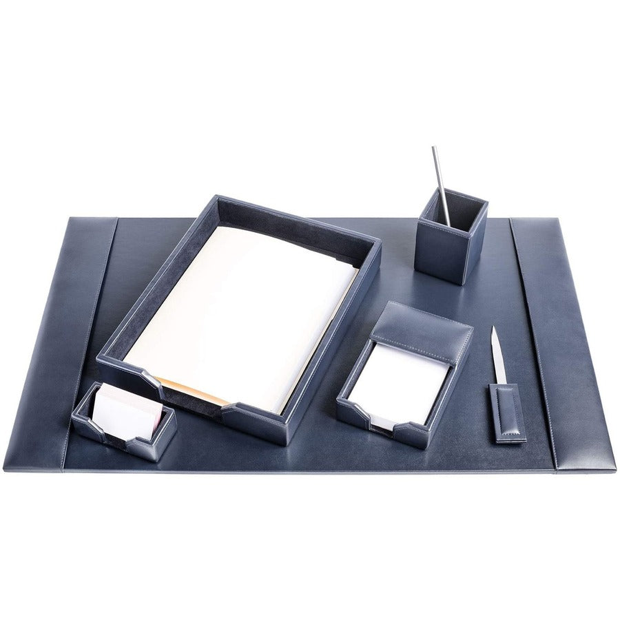 Dacasso Bonded Leather Desk Set, Navy Blue, 6-Piece, Includes Desk Pad, Letter Tray, Pencil Cup, Memo Holder, Business Card Holder, Letter Opener, 1 Each