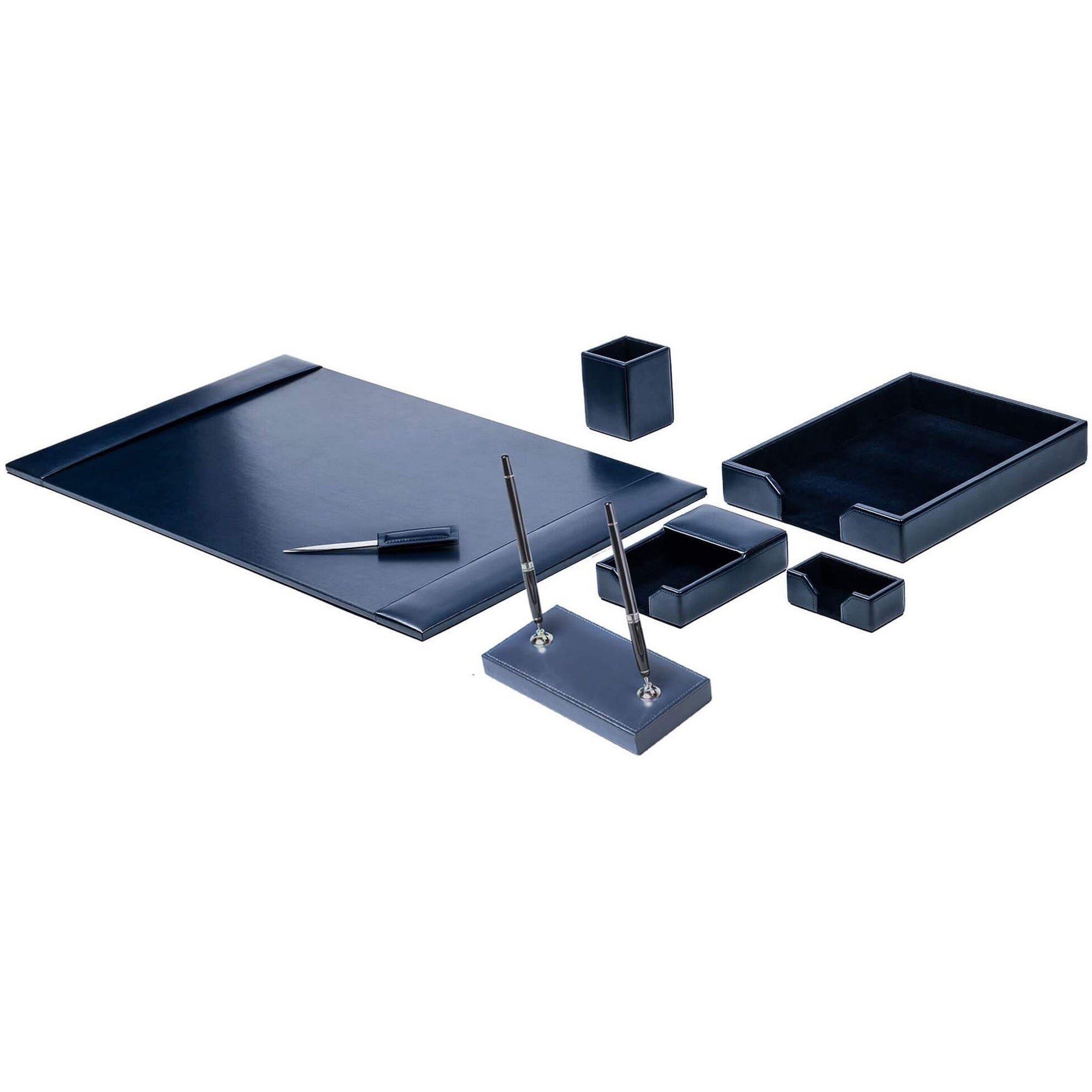 Dacasso Bonded Leather Desk Set, Navy Blue, 7-Piece, Includes Desk Pad, Letter Tray, Pencil Cup, Memo Holder, Business Card Holder, Double Pen Stand, Letter Opener, 1 Each
