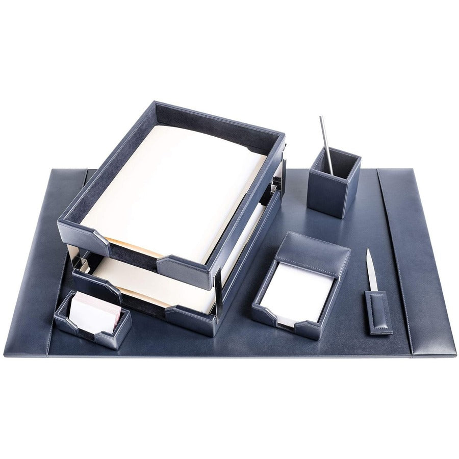 Dacasso Bonded Leather Desk Set, Navy Blue, 8-Piece, Includes Desk Pad, Double Letter Tray Set, Pencil Cup, Memo Holder, Business Card Holder, Letter Opener, 1 Each