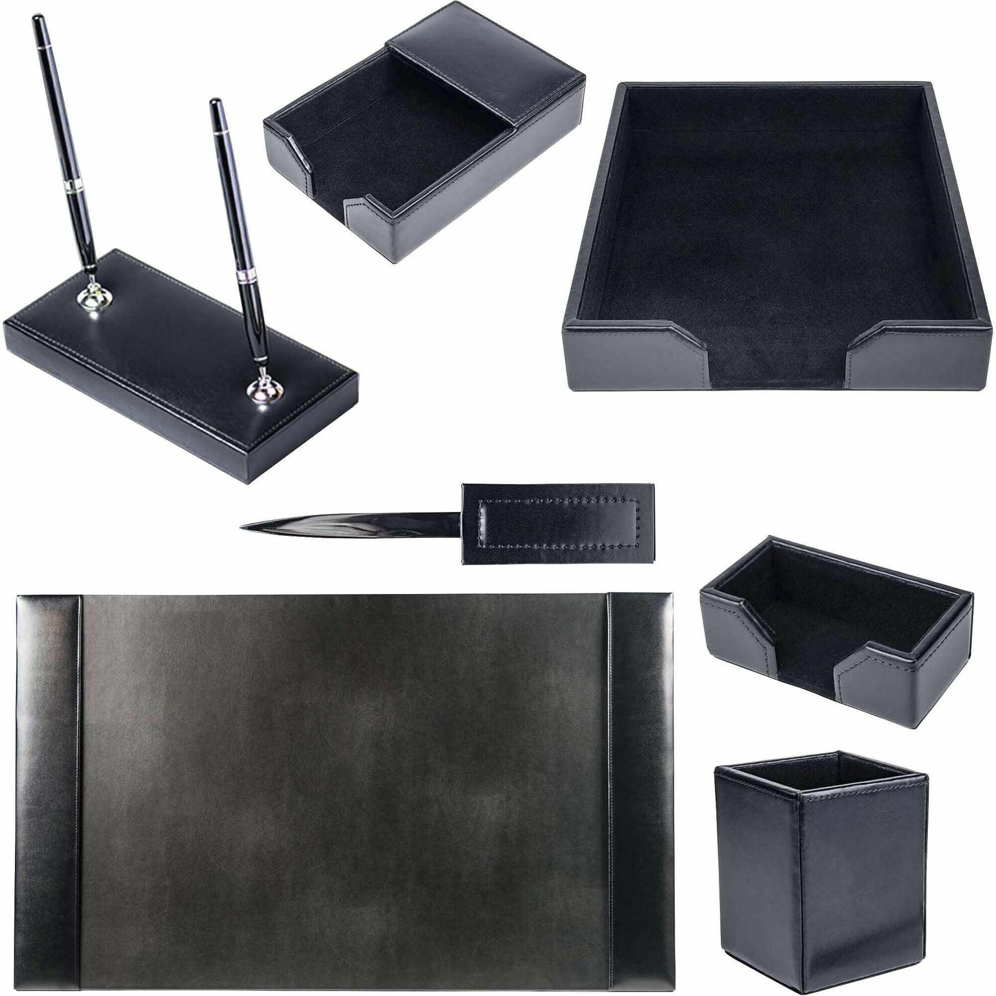 Dacasso Bonded Leather Desk Set, Black, 7-Piece, Includes Desk Pad, Letter Tray, Pencil Cup, Memo Holder, Business Card Holder, Double Pen Stand, Letter Opener, 1 Each