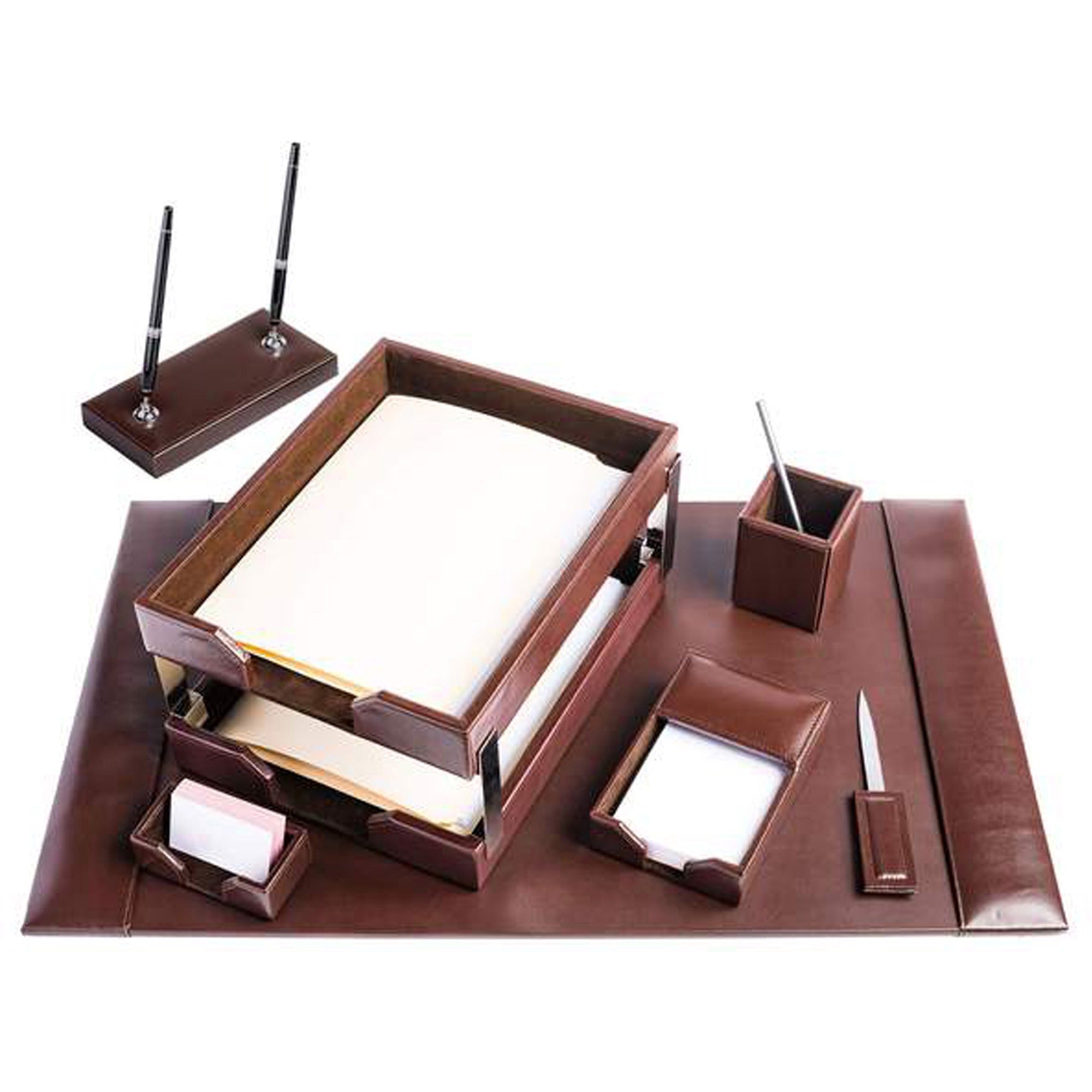 Dacasso Bonded Leather Desk Set, Dark Brown, 9-Piece, Includes Desk Pad, Double Letter Tray, Pencil Cup, Memo Holder, Business Card Holder, Double Pen Stand, Letter Opener, 1 Each