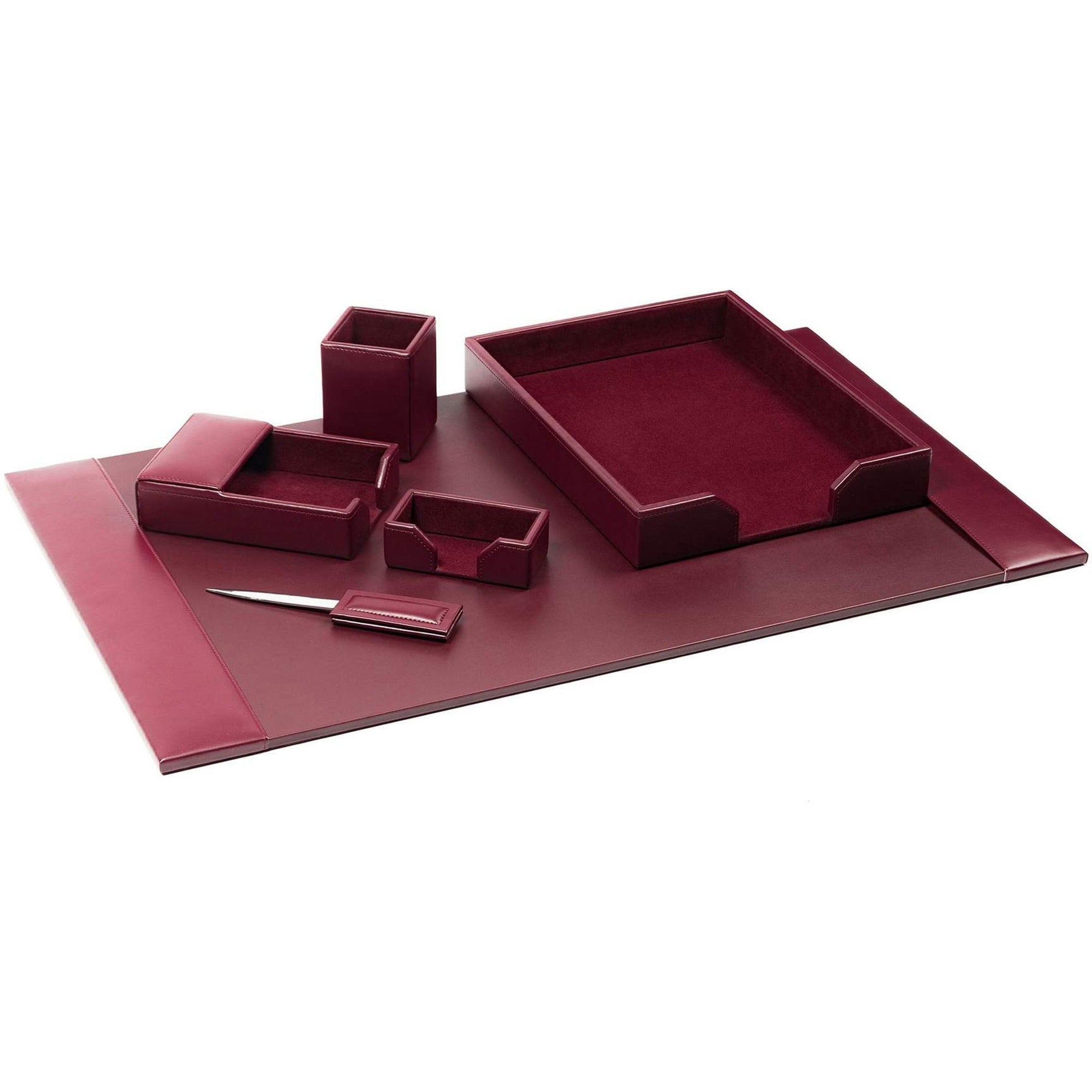 Dacasso Bonded Leather Desk Set, Burgundy, 6-Piece, Includes Desk Pad, Letter Tray, Pencil Cup, Memo Holder, Letter Opener, Business Card Holder, 1 Each