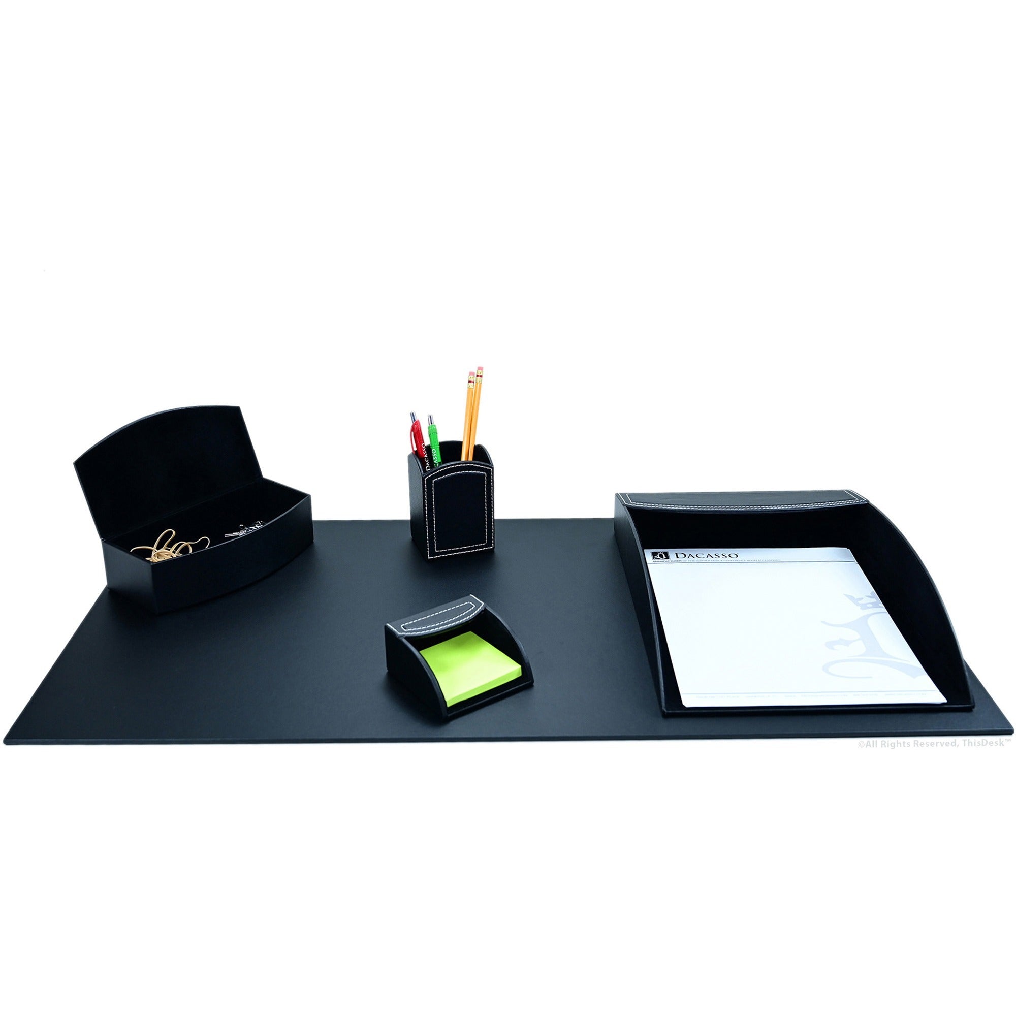 Dacasso 5-Piece Leather Desk Accessory Set, Black, Velveteen & PU Leather, Includes Desk Pad, Document Tray, Supply Box, Pencil Cup, Sticky Note Holder, 1 Each