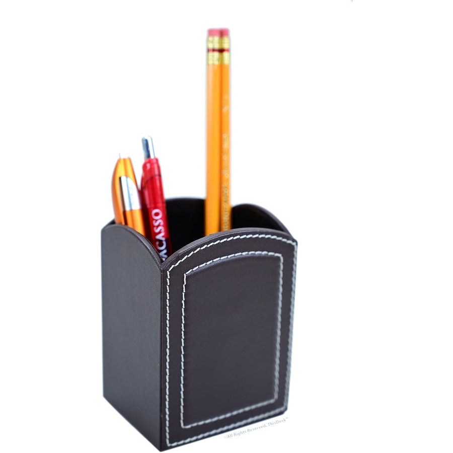 Dacasso 5-piece Brown Leather Desk Accessory Set, Velveteen and PU Leather, Includes Writing Pad, Document Tray, Hinged Supply Box, Pencil Cup, Sticky Note Holder, 1 Each