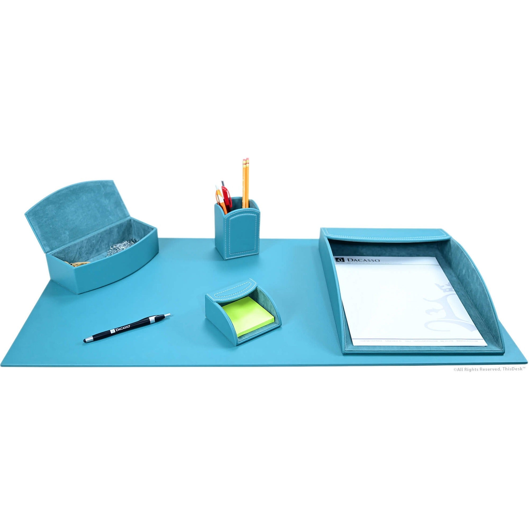 Dacasso 5-Piece Teal Desk Accessory Set, Velveteen & PU Leather, Includes Writing Pad, Document Tray, Supply Box, Pencil Cup, Sticky Note Holder, 1 Each