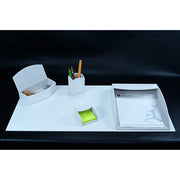 Dacasso 5-Piece White Leather Desk Accessory Set, Includes Writing Pad, Document Tray, Supply Box, Pencil Cup, Sticky Note Holder, 1 Each