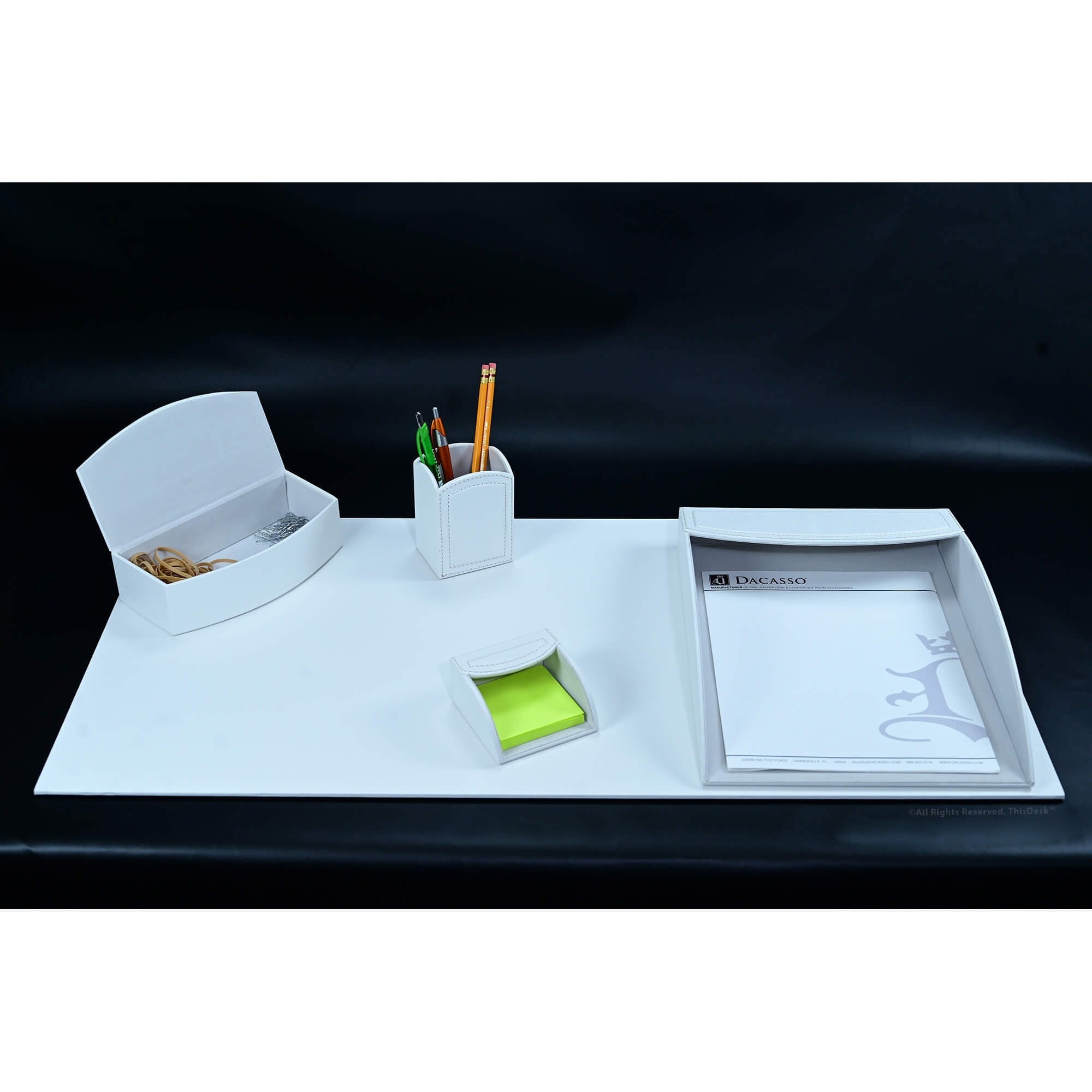 Dacasso 5-Piece White Leather Desk Accessory Set, Includes Writing Pad, Document Tray, Supply Box, Pencil Cup, Sticky Note Holder, 1 Each
