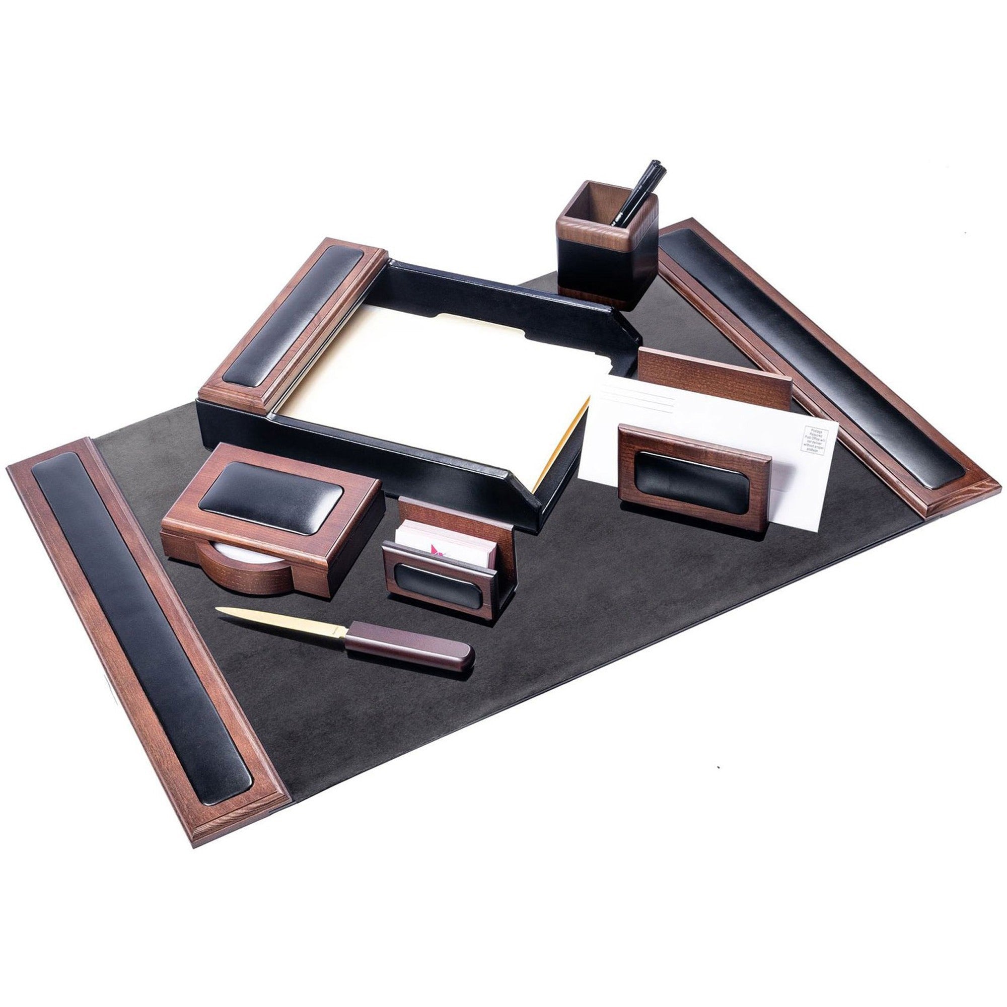 Dacasso Walnut & Leather Desk Set, Black, Velveteen/Leather/Walnut, 7-Piece, 1 Each