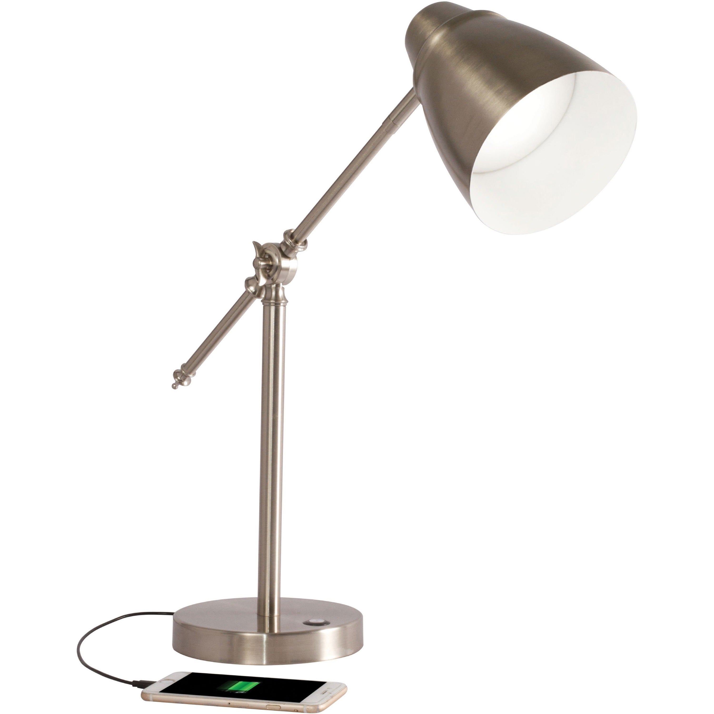 OttLite Desk Lamp, LED Bulb, Adjustable Brightness, Touch Control Panel, USB Charging, Brushed Nickel, Desk Mountable, Silver, 1 Each