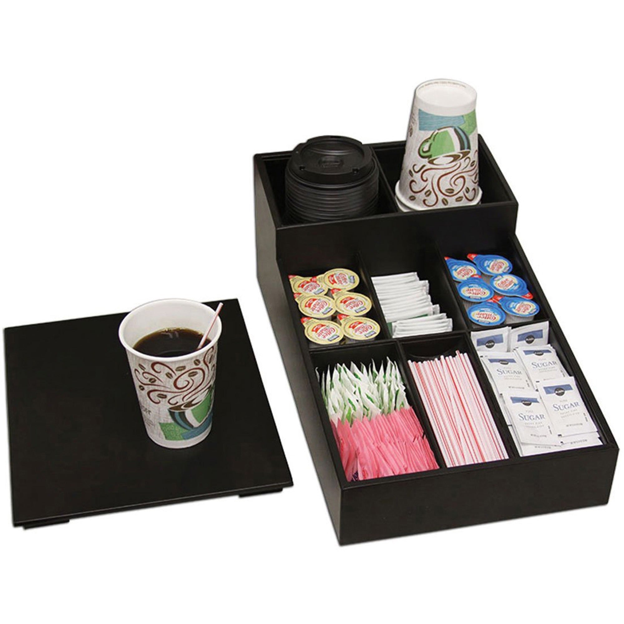 Dacasso Leatherette Coffee Condiment Organizer with Removable Lid, Black, Velveteen and Leatherette, 1 Each
