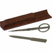 Protacini Cognac Brown Italian Patent Leather Library Set, Includes 1 Each: Leather Holder, Chromed Polished Brass Letter Opener, Scissors, Velveteen and Brass Construction, Brown