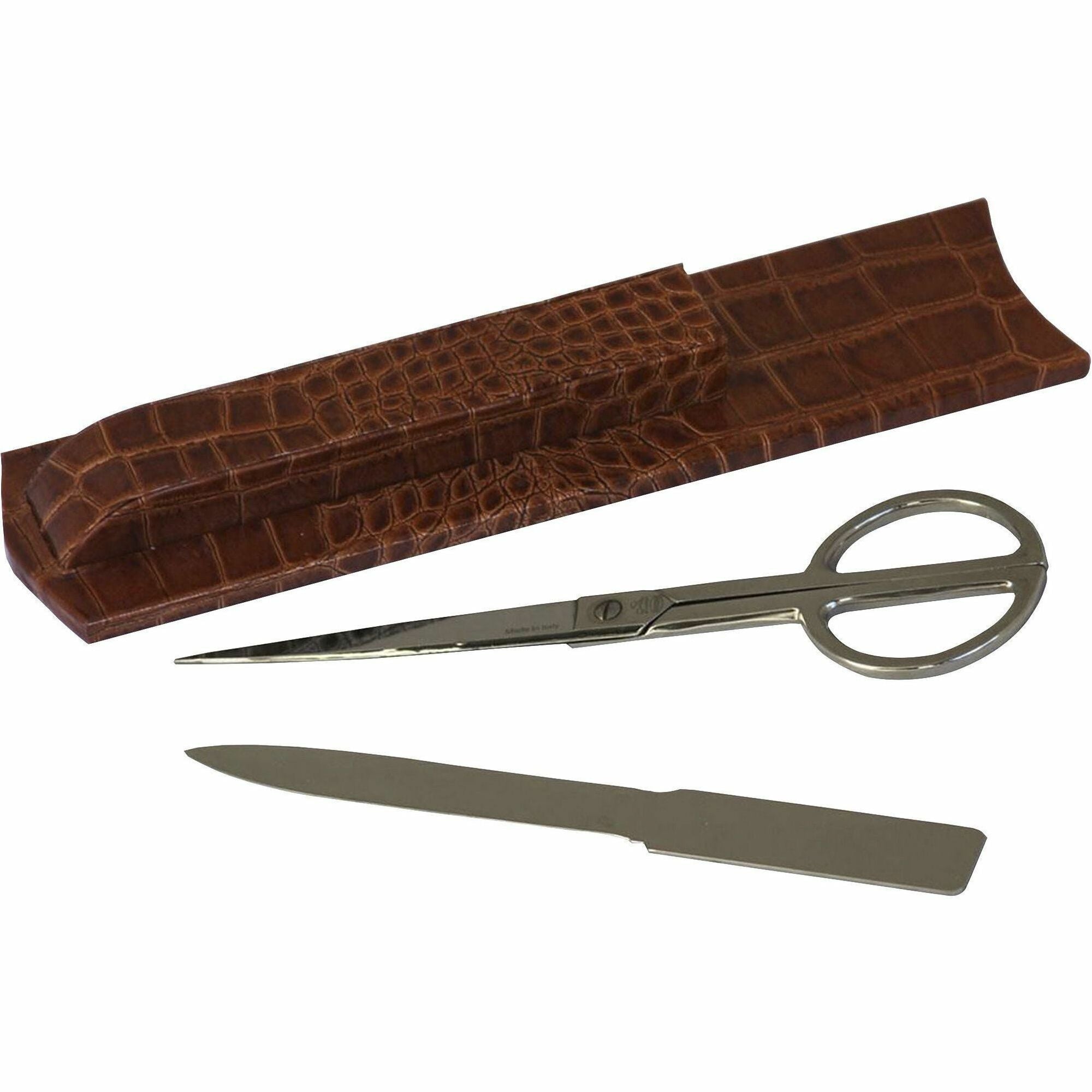 Protacini Cognac Brown Italian Patent Leather Library Set, Includes 1 Each: Leather Holder, Chromed Polished Brass Letter Opener, Scissors, Velveteen and Brass Construction, Brown