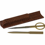 Protacini Cognac Brown Italian Patent Leather Library Set, Leather/Velveteen/Brass, Brown/Gold, Includes 1 Gold-Plated Letter Opener and Scissors, 1 Each