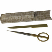 Protacini Breeze Beige Italian Patent Leather Library Set, 1 Each – Includes gold-plated brass letter opener and scissors in a beige, gold, and brown leather holder