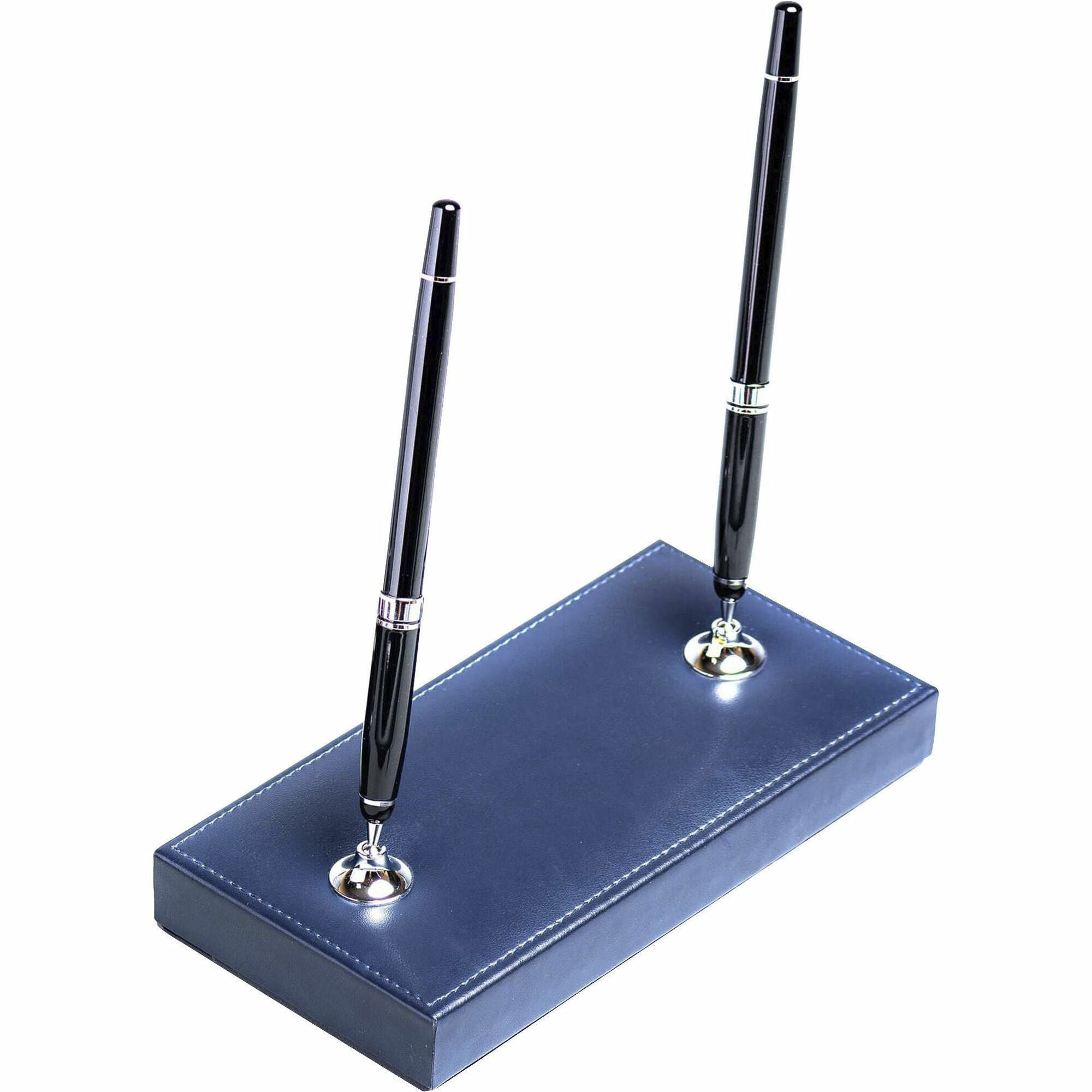 Dacasso Bonded Leather Double Pen Stand - Bonded Leather - Navy Blue, Silver - 1 Each