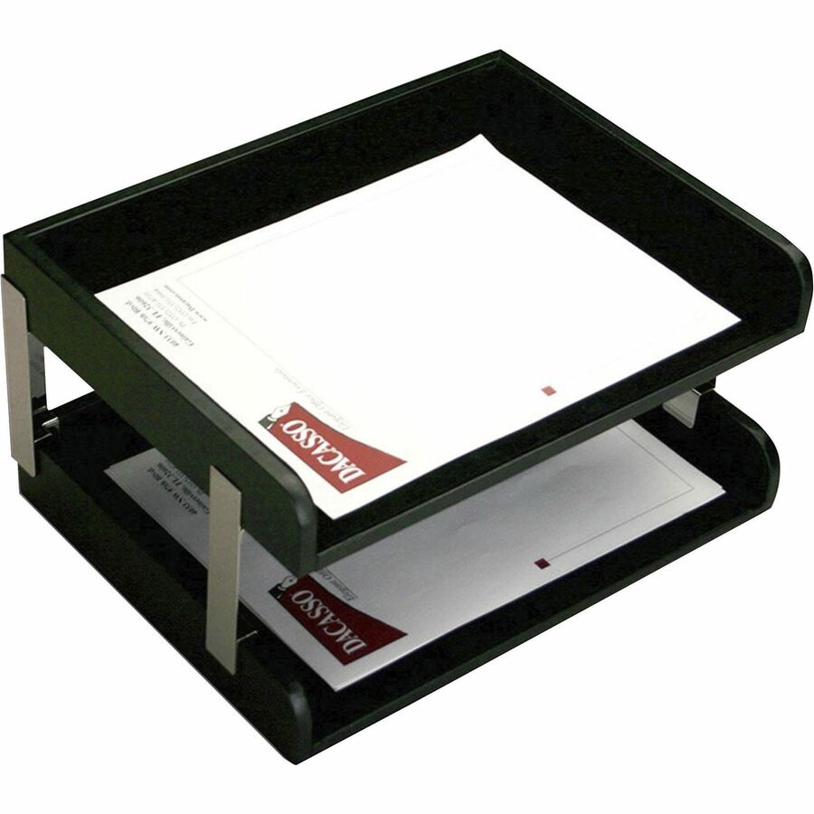 Dacasso Classic Leather Double Letter Trays - Side-loading - Black - Leather, Velveteen - 1 Each