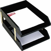 Dacasso Classic Leather Double Legal Trays, Black, Top Grain Leather, Velveteen, Gold Stacking Posts, 1 Each