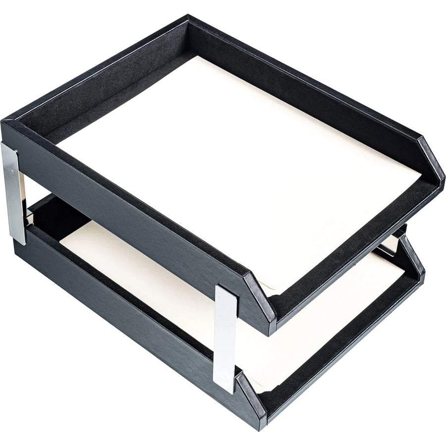 Dacasso Classic Leather Double Letter Trays - Desktop - Black - Top Grain Leather, Velveteen - 1 Each